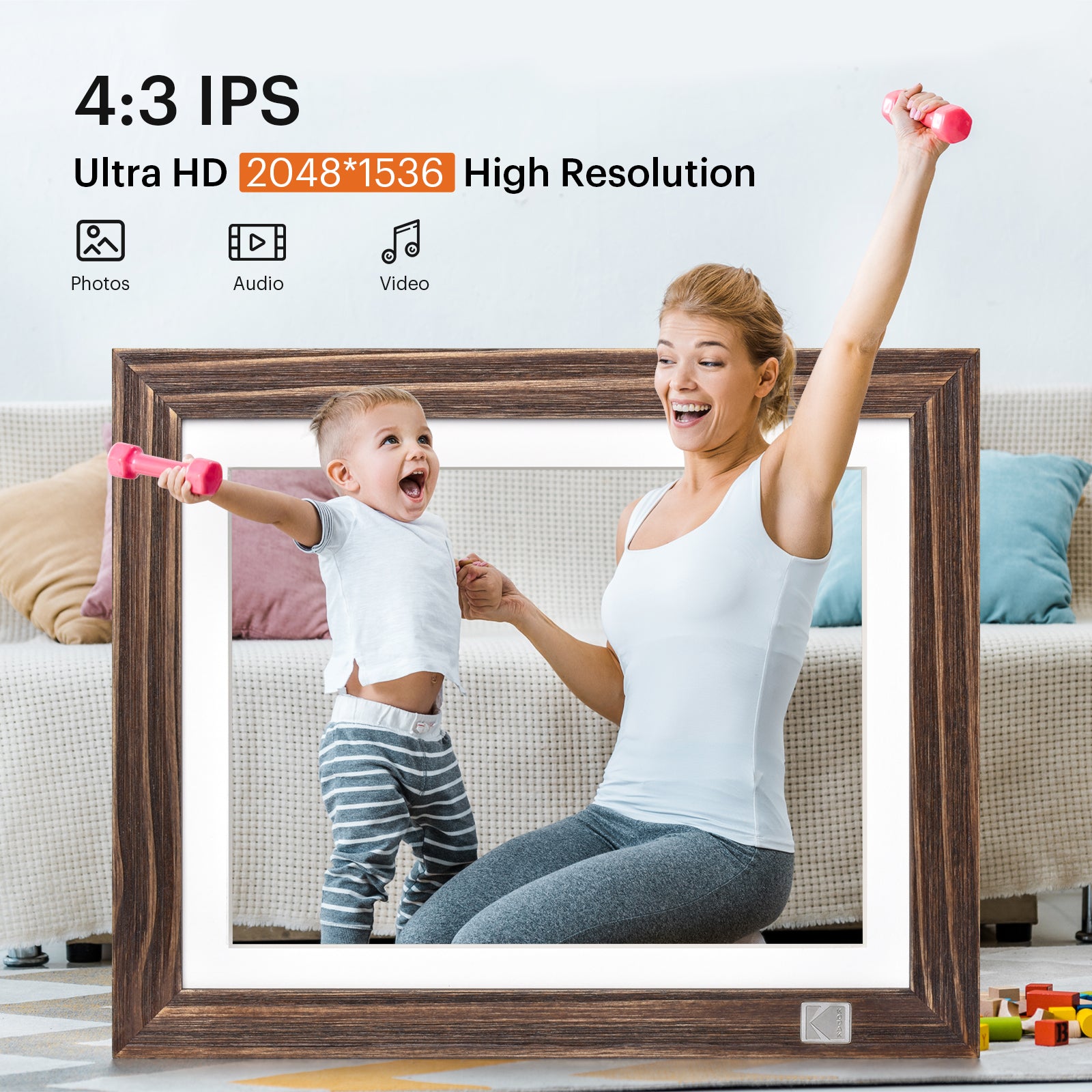 Kodak Rustic Wood WiFi-Enabled Digital Photo Frame HDPF-978, Advanced 9.7” Touchscreen with 2K Resolution, 32GB Internal Memory and Adjustable Stand