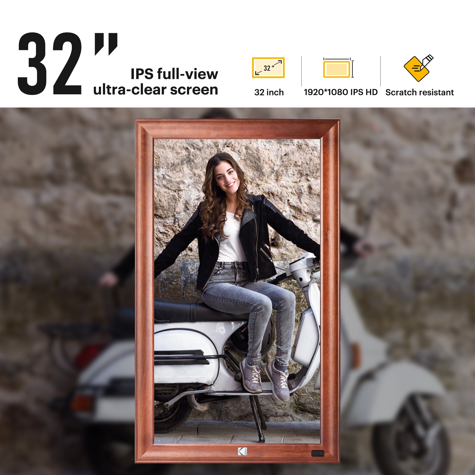 KODAK 32-inch Wi-Fi Enabled Large Wall Screen Digital Photo Frame, WF320V with 32GB Internal Memory, Wooden Frame with Photo, Video, Clock, Calendar, Weather Features and SD Card, USB and 3.5 Earphone Ports (Remote Control Incl.)