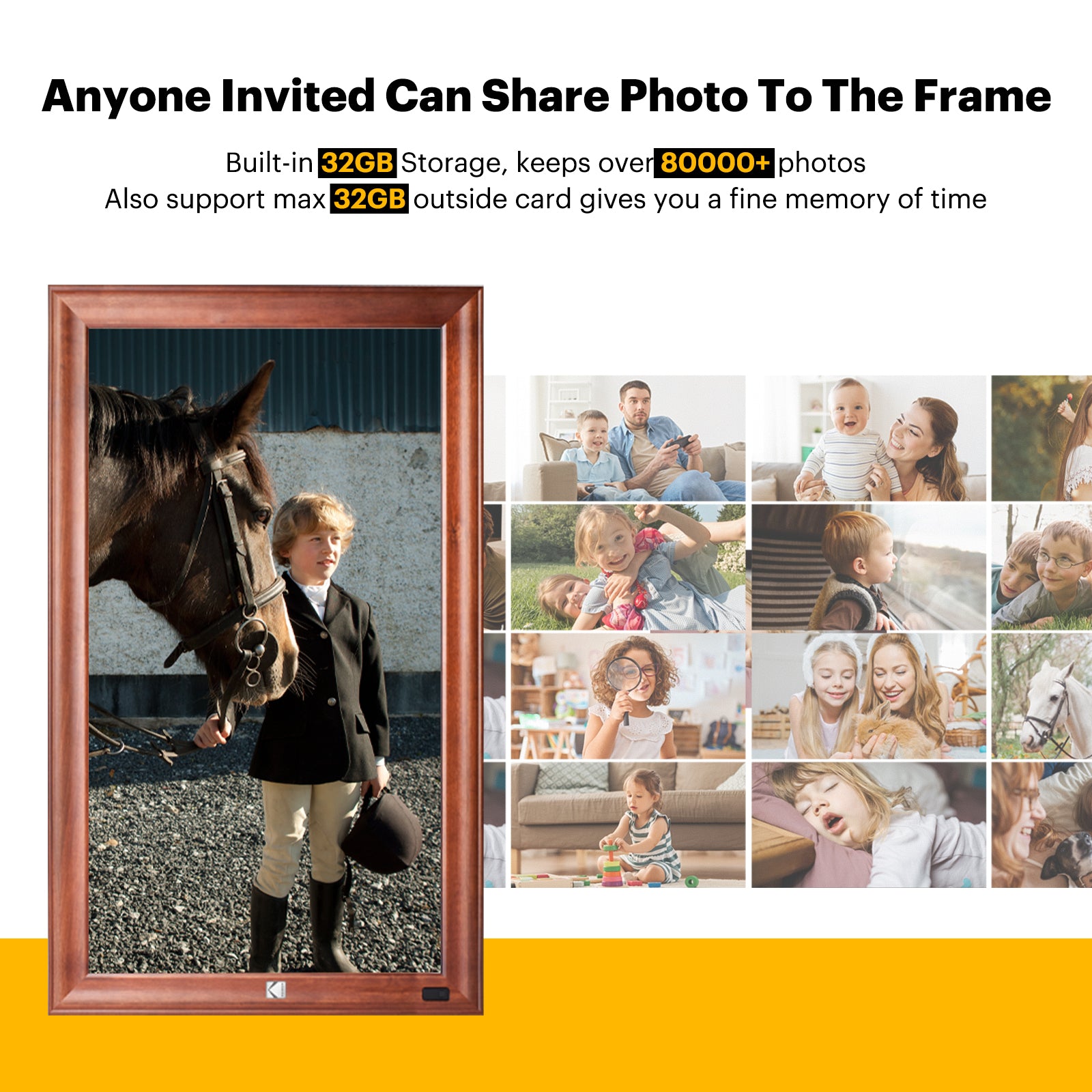 KODAK 32-inch Wi-Fi Enabled Large Wall Screen Digital Photo Frame, WF320V with 32GB Internal Memory, Wooden Frame with Photo, Video, Clock, Calendar, Weather Features and SD Card, USB and 3.5 Earphone Ports (Remote Control Incl.)