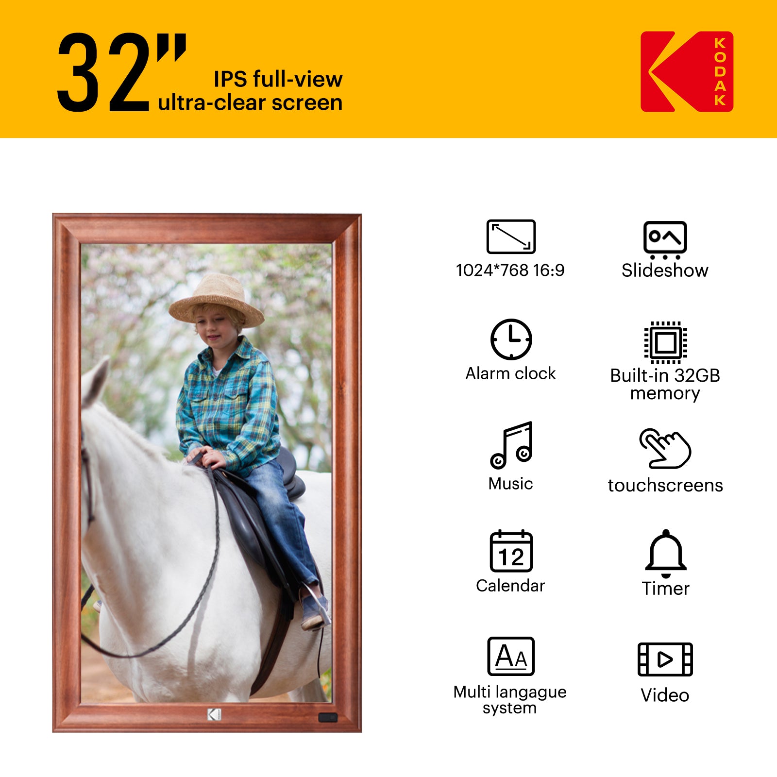 KODAK 32-inch Wi-Fi Enabled Large Wall Screen Digital Photo Frame, WF320V with 32GB Internal Memory, Wooden Frame with Photo, Video, Clock, Calendar, Weather Features and SD Card, USB and 3.5 Earphone Ports (Remote Control Incl.)