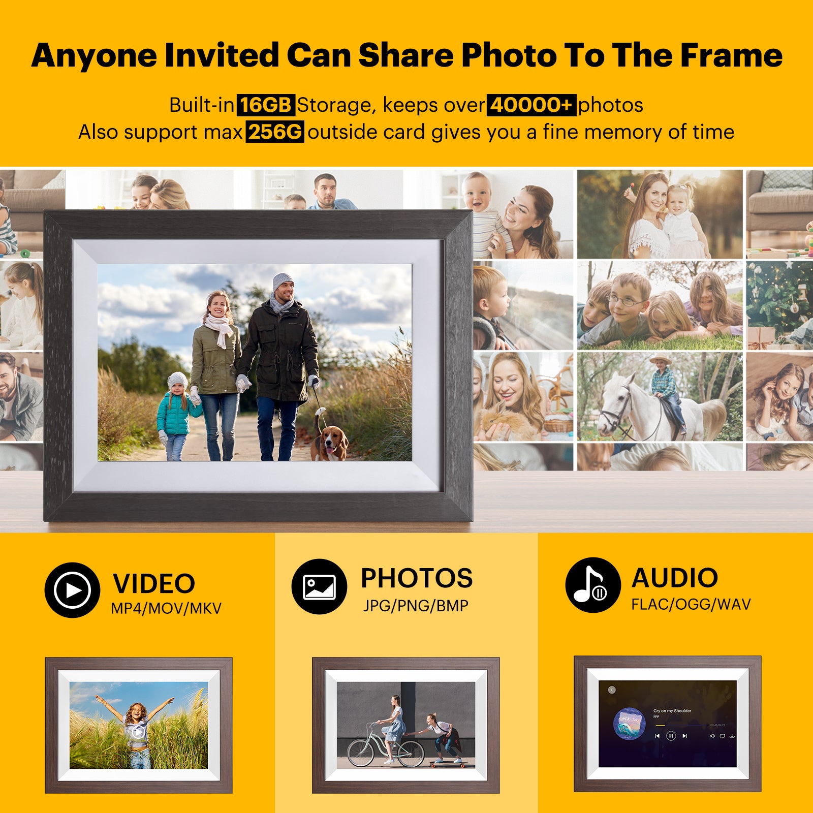 Kodak Classic Wooden Digital Photo Frame RCF-1012W, 10.1 inch Touchscreen, WiFi Enabled, 16GB Internal Memory extendable with Memory Card (Black)