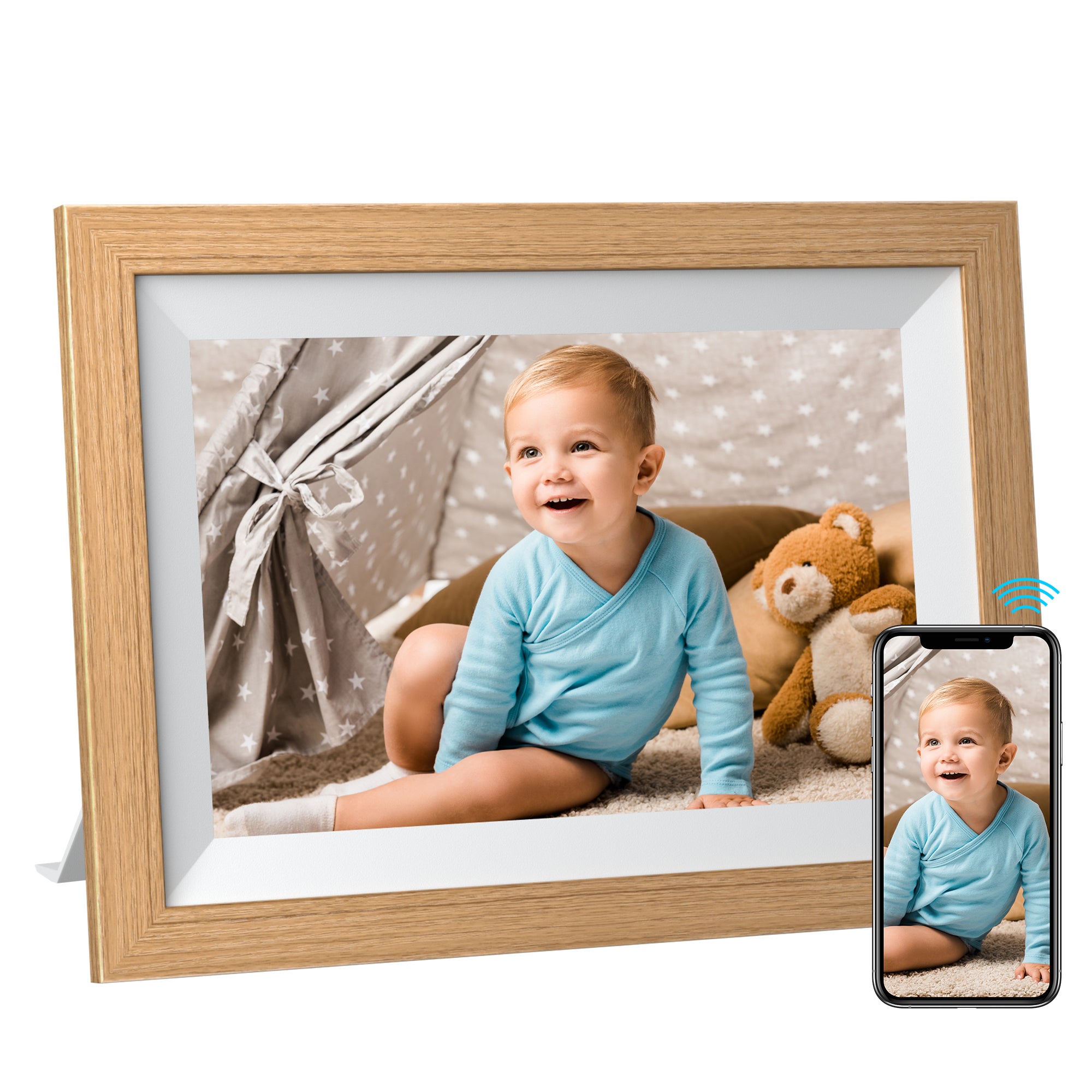 KODAK Classic Photo Frame 10.1 inch Wi-Fi Enabled RCF-1012W in Natural Wooden Frame Bundled with Two Extra Frames in Black and White 32GB Internal Memory, 10GB Cloud Storage
