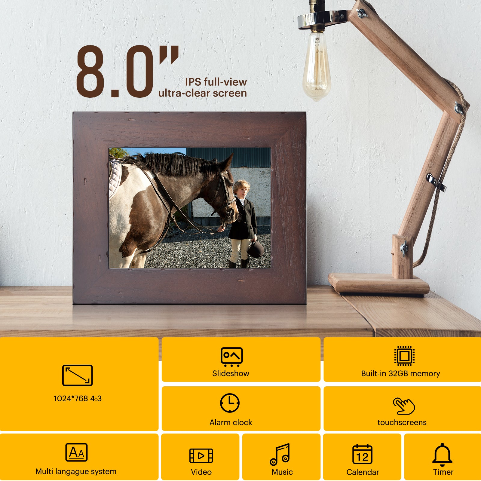 KODAK Classic Photo Frame 8-Inch Wi-Fi Enabled Candlenut Distressed Wood Frame, 32GB Internal Memory with Hi-Res Touch Screen, Model RCF-8016