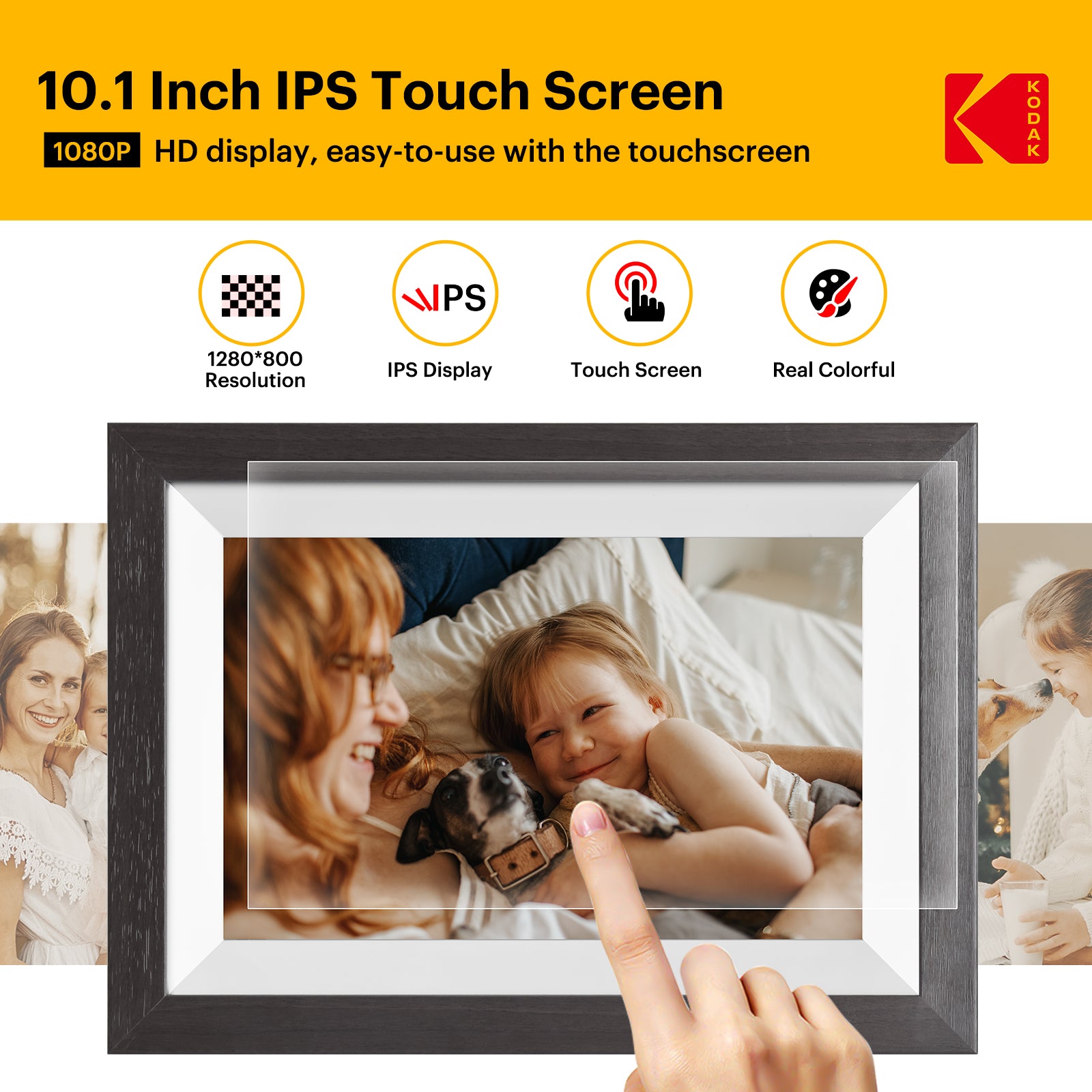 Kodak Classic Wooden Digital Photo Frame RCF-1012W, 10.1 inch Touchscreen, WiFi Enabled, 16GB Internal Memory extendable with Memory Card (Black)