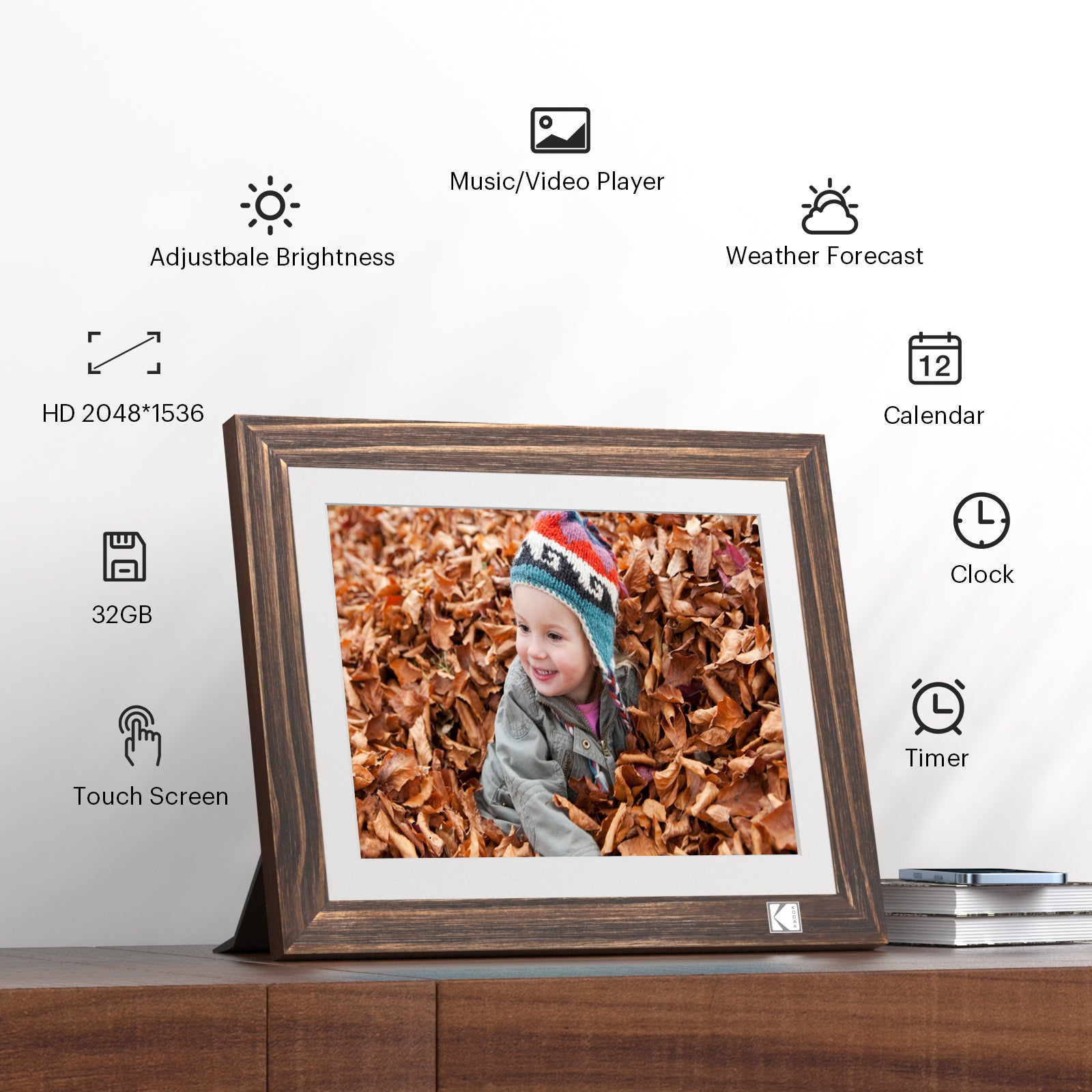 Kodak Rustic Wood WiFi-Enabled Digital Photo Frame HDPF-978, Advanced 9.7” Touchscreen with 2K Resolution, 32GB Internal Memory and Adjustable Stand
