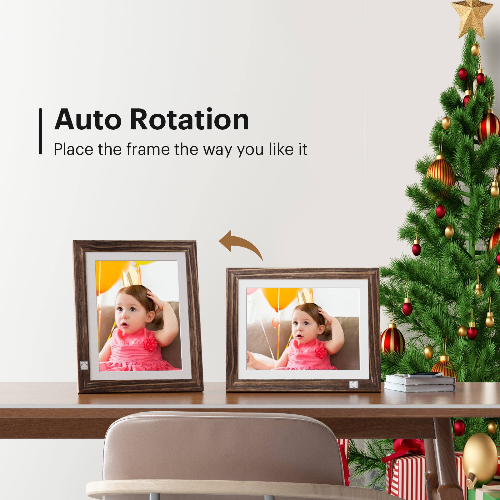 Kodak Rustic Wood WiFi-Enabled Digital Photo Frame HDPF-978, Advanced 9.7” Touchscreen with 2K Resolution, 32GB Internal Memory and Adjustable Stand