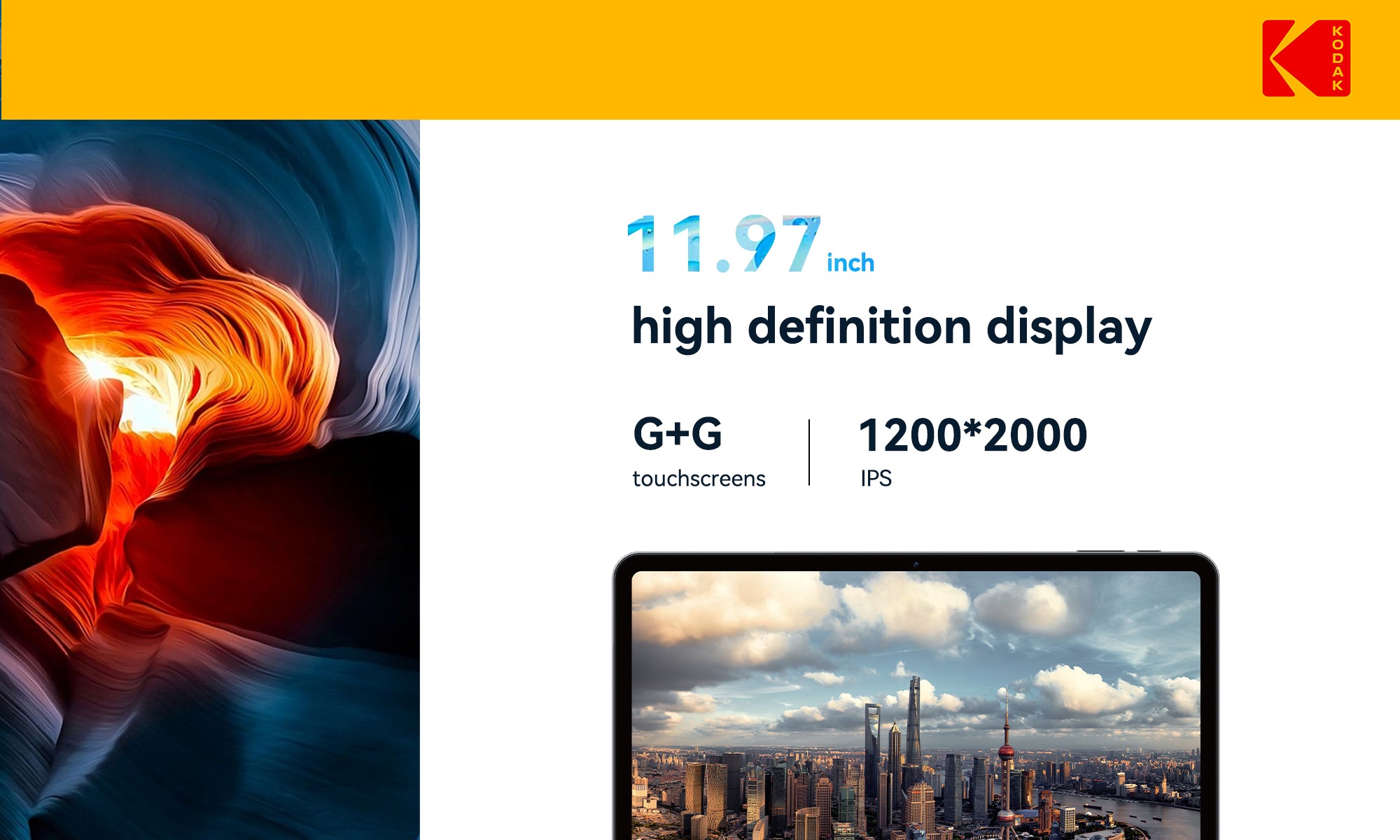 KODAK 12" Android 15 Tablet – 6GB RAM, 128GB Storage (Expandable to 1TB), 13MP Triple Camera, 1200x2000 FHD Display, 8000mAh Battery, Metal Body, Face Unlock