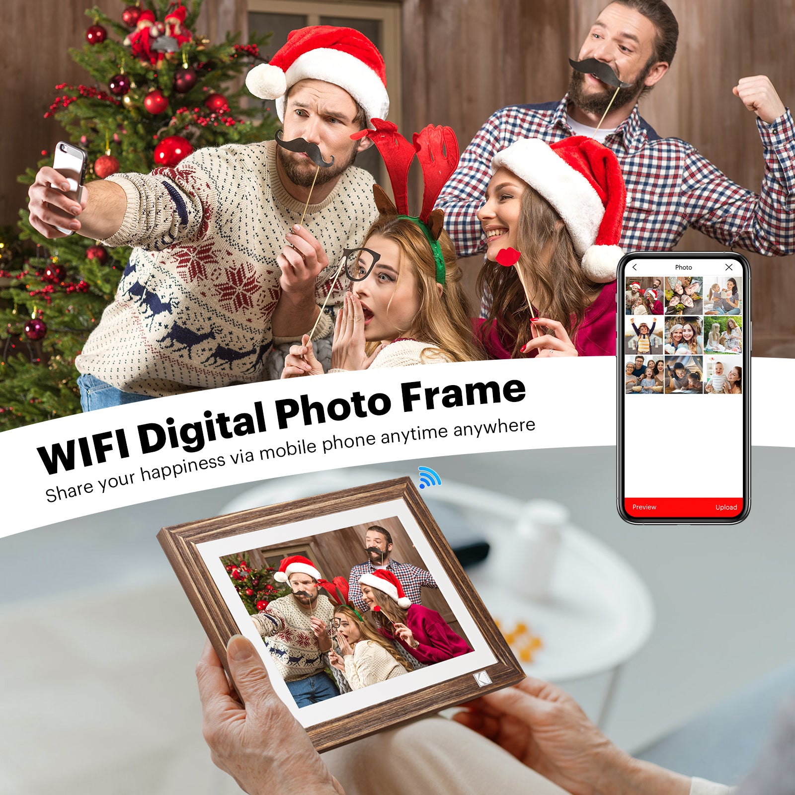 Kodak Rustic Wood WiFi-Enabled Digital Photo Frame HDPF-978, Advanced 9.7” Touchscreen with 2K Resolution, 32GB Internal Memory and Adjustable Stand
