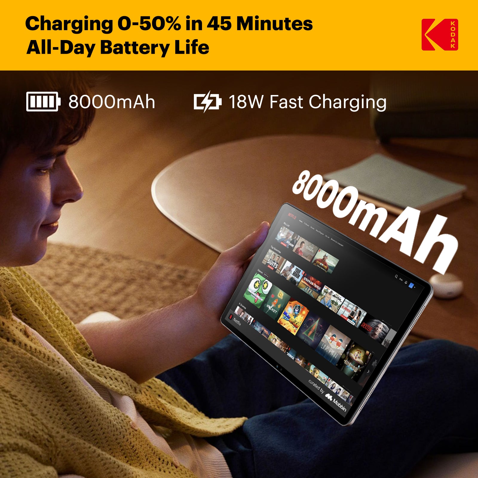 KODAK 11" Android 15 Tablet – 4GB RAM, 128GB Storage (Expandable to 1TB), 16MP Dual Camera, 1200x1920 FHD Display, 8000mAh Battery, Metal Body, Face Unlock
