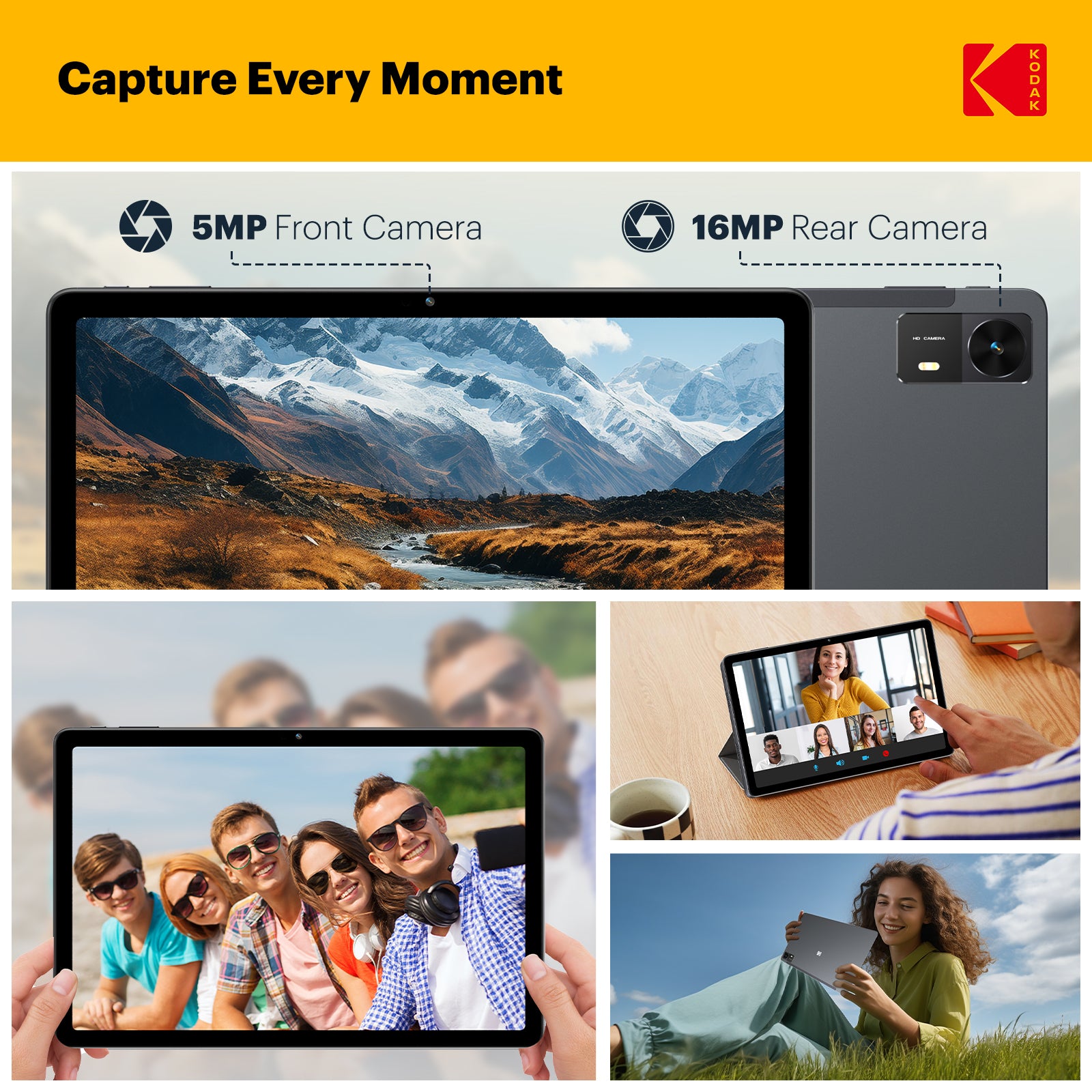 KODAK 11" Android 15 Tablet – 4GB RAM, 128GB Storage (Expandable to 1TB), 16MP Dual Camera, 1200x1920 FHD Display, 8000mAh Battery, Metal Body, Face Unlock
