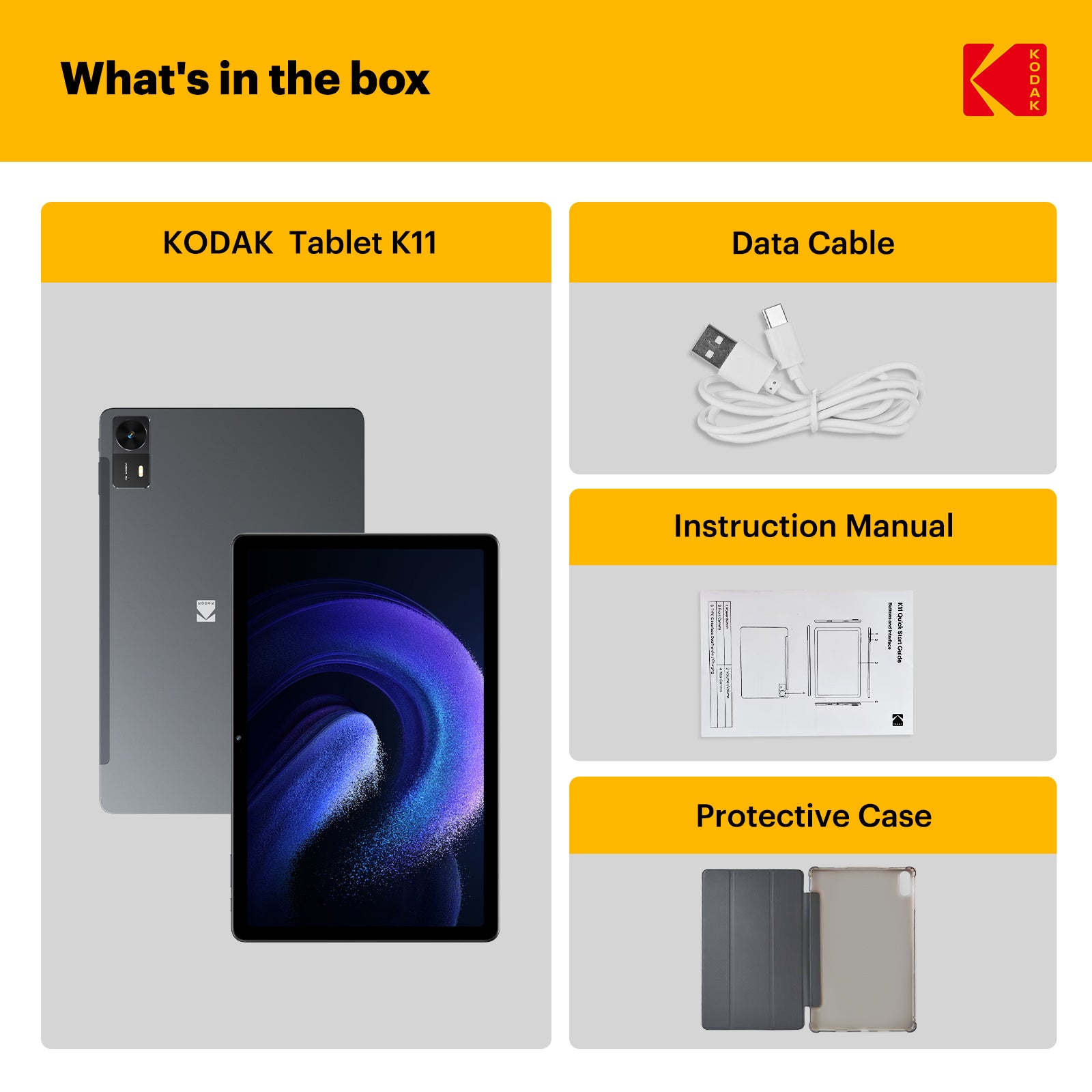 KODAK 11" Android 15 Tablet – 4GB RAM, 128GB Storage (Expandable to 1TB), 16MP Dual Camera, 1200x1920 FHD Display, 8000mAh Battery, Metal Body, Face Unlock