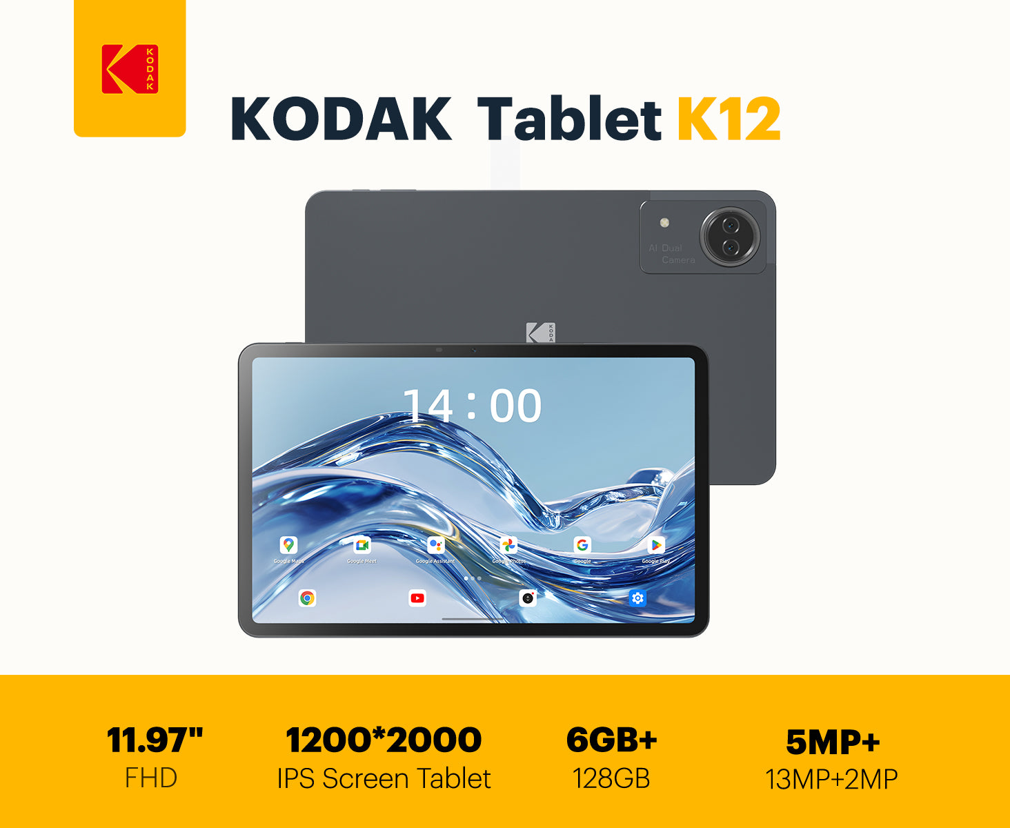 KODAK 12" Android 15 Tablet – 6GB RAM, 128GB Storage (Expandable to 1TB), 13MP Triple Camera, 1200x2000 FHD Display, 8000mAh Battery, Metal Body, Face Unlock