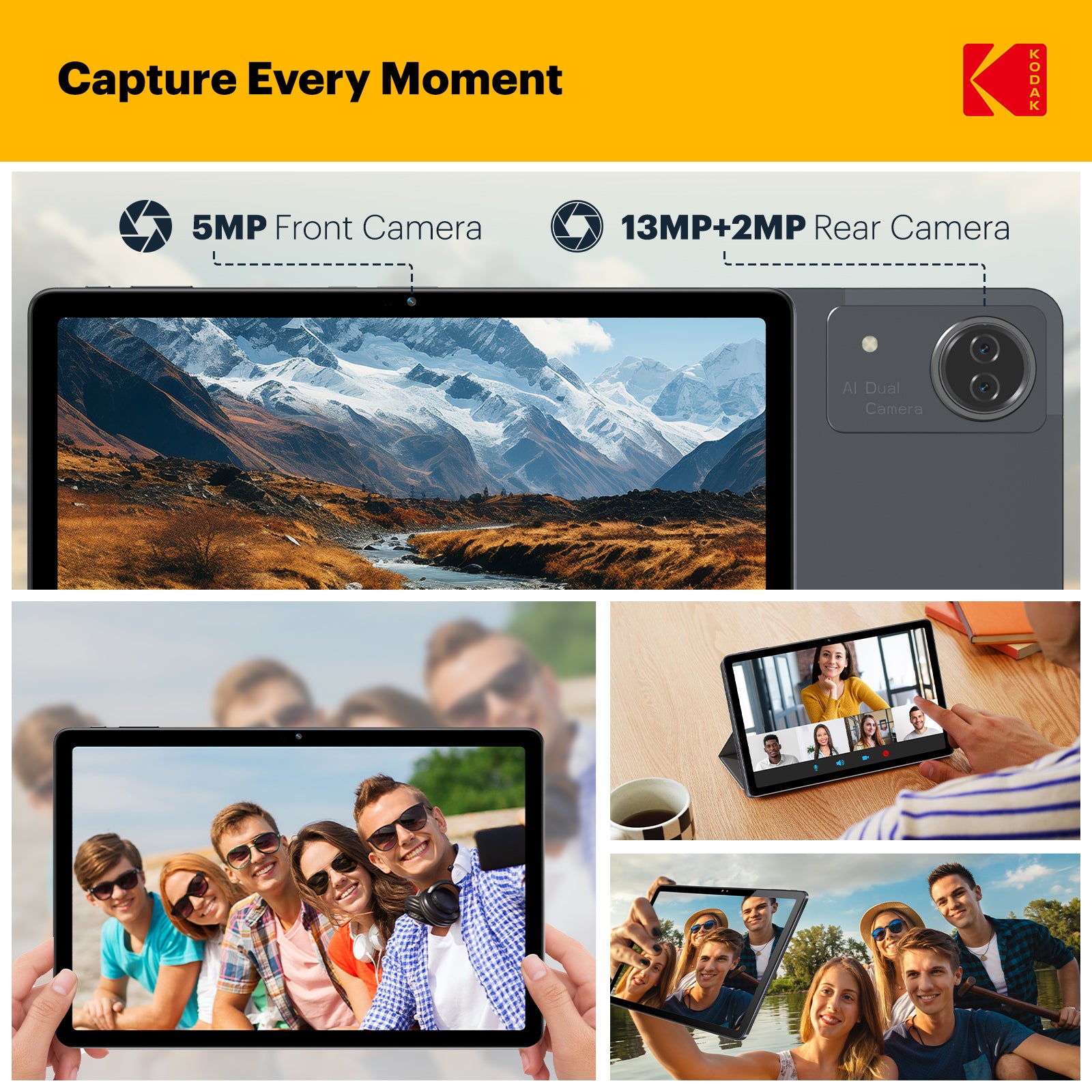 KODAK 12" Android 15 Tablet – 6GB RAM, 128GB Storage (Expandable to 1TB), 13MP Triple Camera, 1200x2000 FHD Display, 8000mAh Battery, Metal Body, Face Unlock