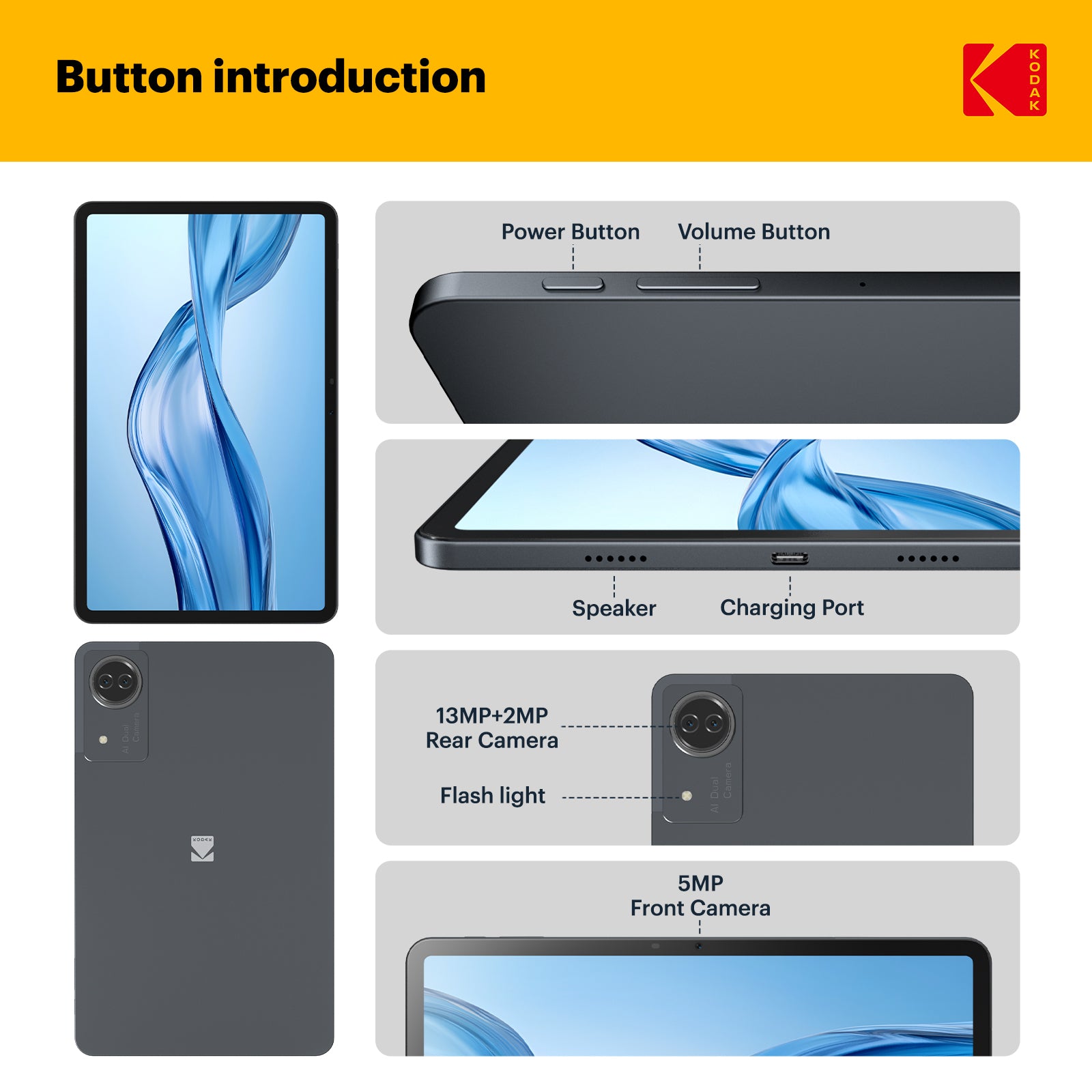KODAK 12" Android 15 Tablet – 6GB RAM, 128GB Storage (Expandable to 1TB), 13MP Triple Camera, 1200x2000 FHD Display, 8000mAh Battery, Metal Body, Face Unlock