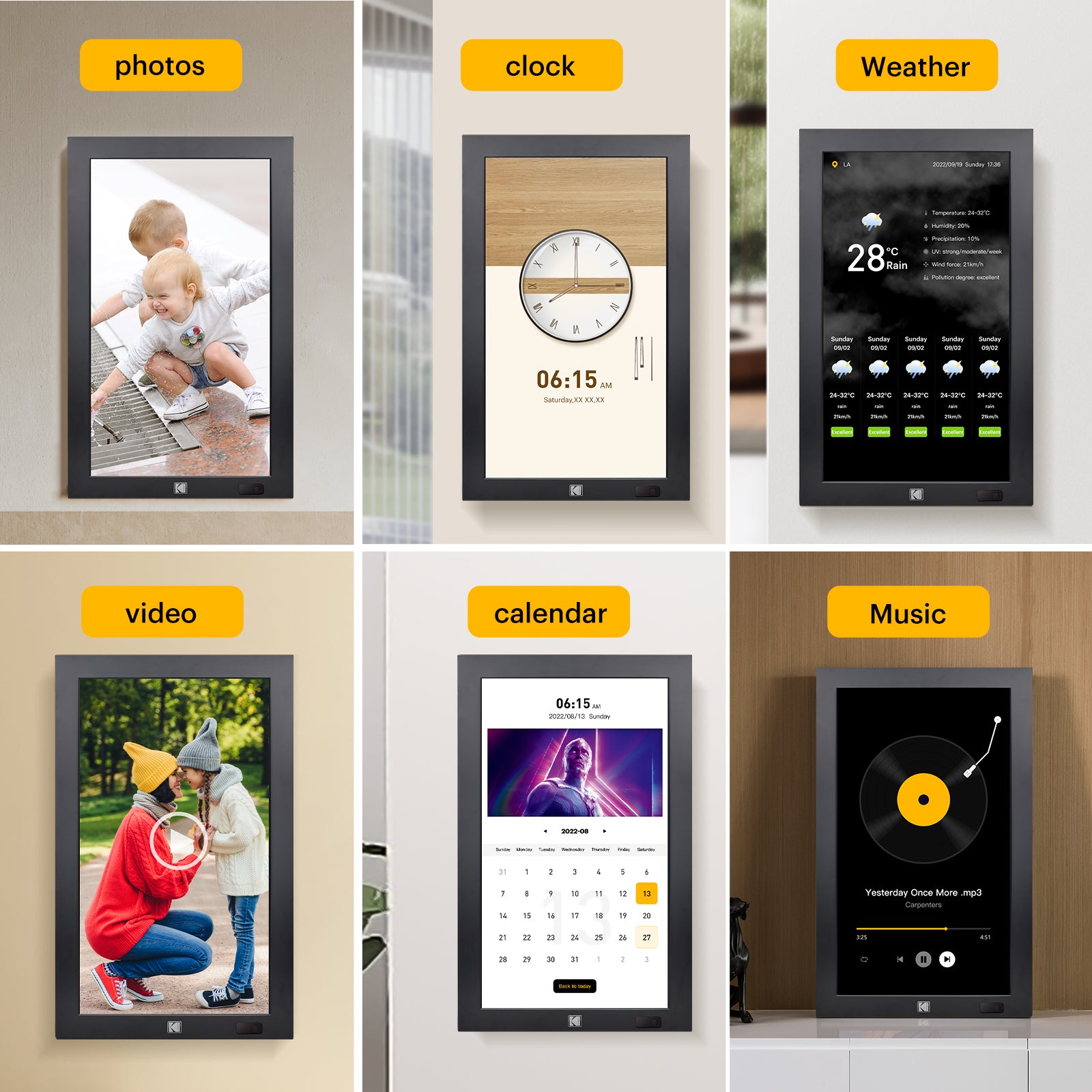 KODAK 17.3-inch Wi-Fi Enabled Digital Photo Frame WF173V, 32GB Internal Memory Wooden Frame with Photo, Video, Clock, Calendar, Weather and SD Card, USB and 3.5 Earphone Ports (Remote Control Incl.)