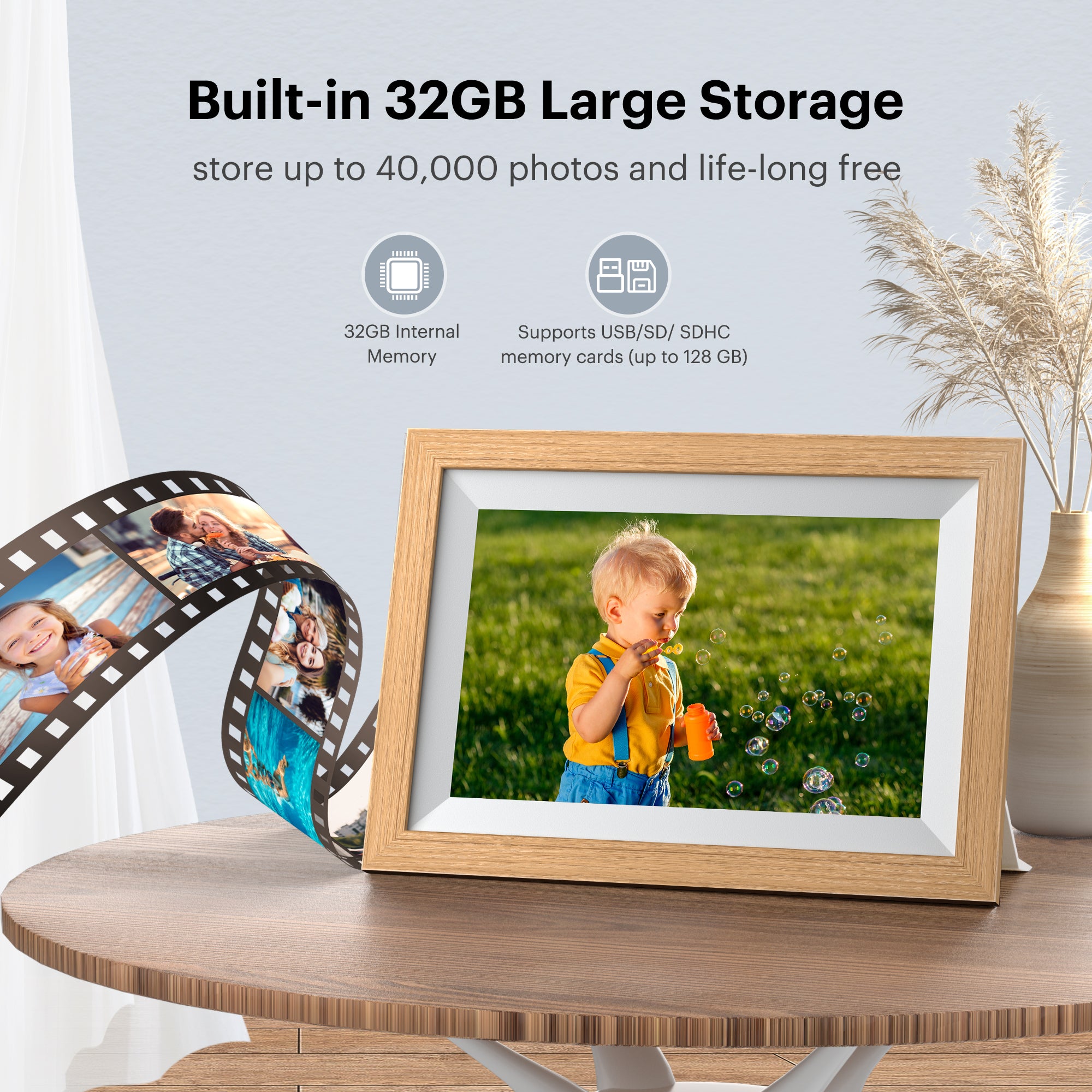 KODAK Classic Photo Frame 10.1 inch Wi-Fi Enabled RCF-1012W in Natural Wooden Frame Bundled with Two Extra Frames in Black and White 32GB Internal Memory, 10GB Cloud Storage