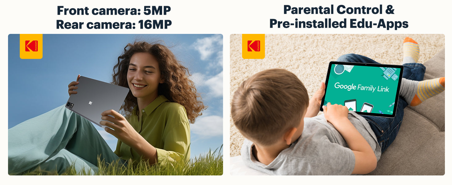 KODAK 11" Android 15 Tablet – 4GB RAM, 128GB Storage (Expandable to 1TB), 16MP Dual Camera, 1200x1920 FHD Display, 8000mAh Battery, Metal Body, Face Unlock