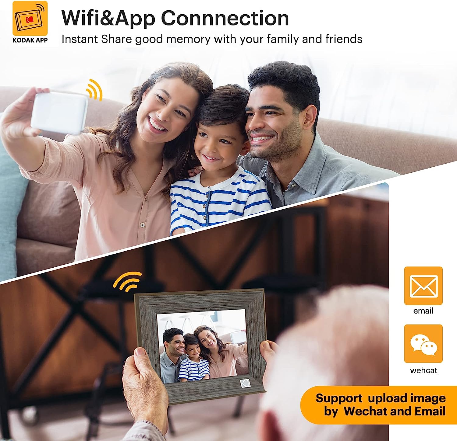 Kodak 8-inch Wi-Fi Classic Digital Photo Frame RCF-8013W, Touch Screen, Wooden Frame, 16GB Internal Memory with Music, Video, Calendar and Weather Display Features