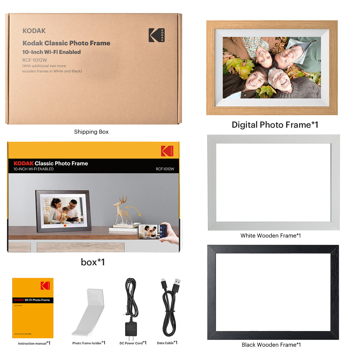 KODAK Classic Photo Frame 10.1 inch Wi-Fi Enabled RCF-1012W in Natural Wooden Frame Bundled with Two Extra Frames in Black and White 32GB Internal Memory, 10GB Cloud Storage