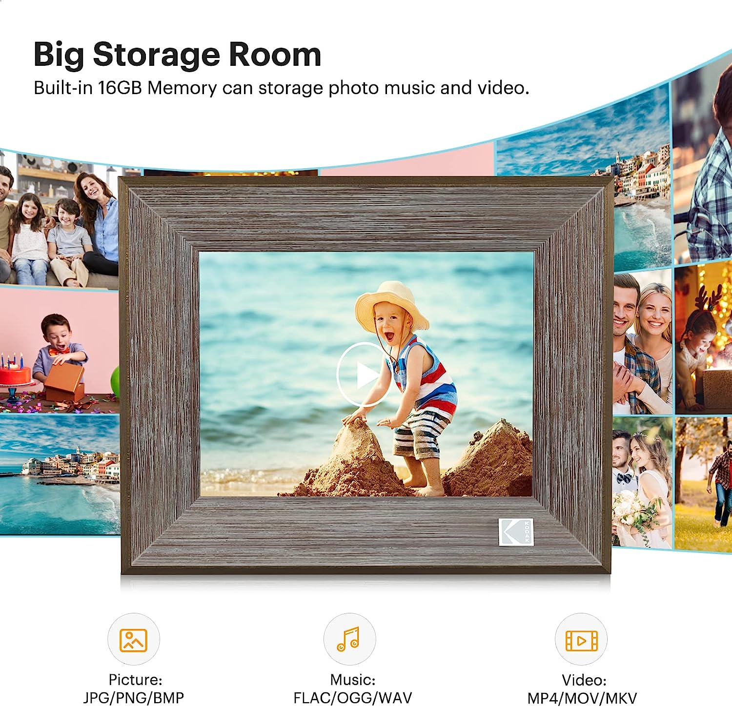 Kodak 8-inch Wi-Fi Classic Digital Photo Frame RCF-8013W, Touch Screen, Wooden Frame, 16GB Internal Memory with Music, Video, Calendar and Weather Display Features