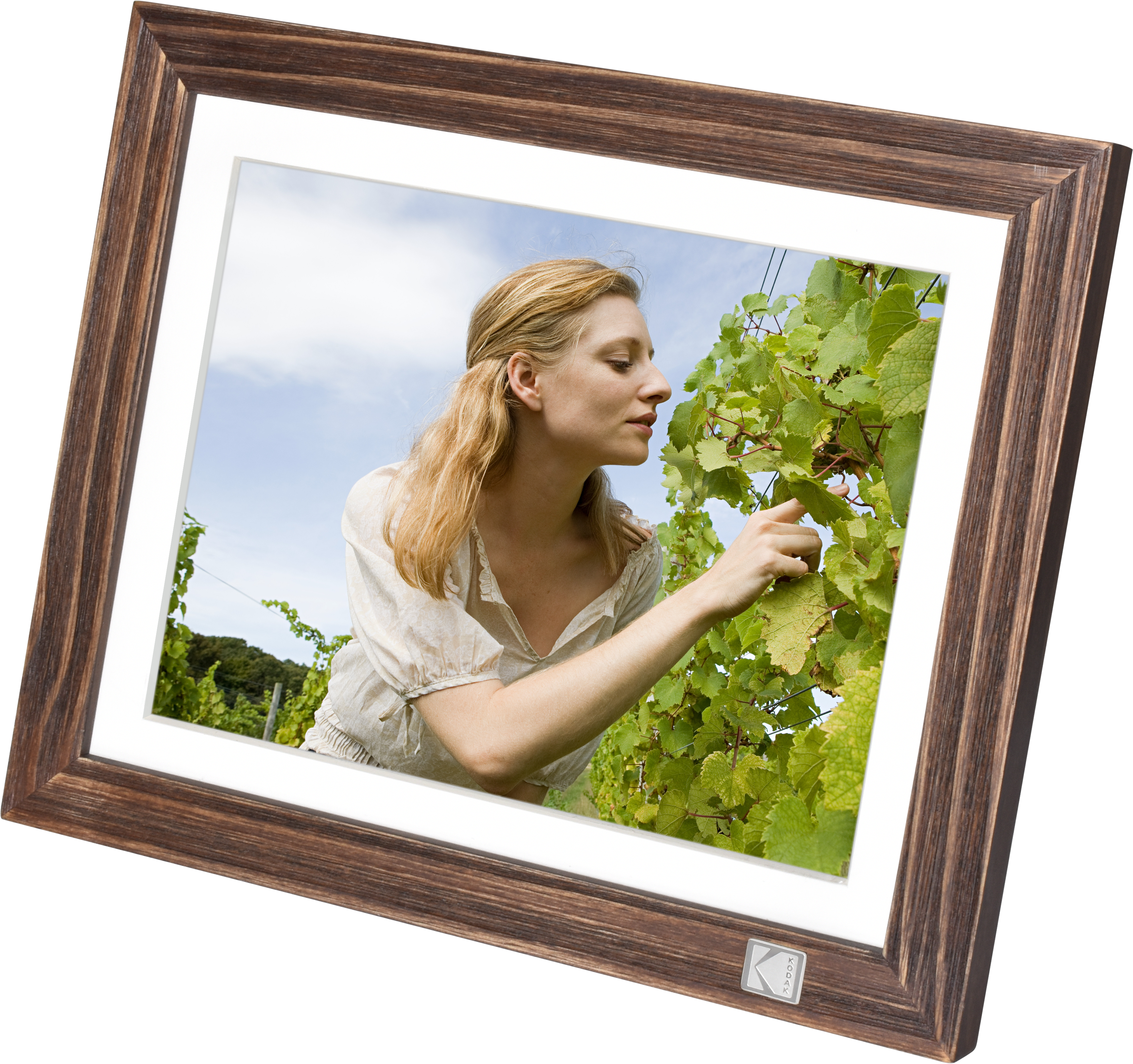 Kodak Rustic Wood WiFi-Enabled Digital Photo Frame HDPF-978, Advanced 9.7” Touchscreen with 2K Resolution, 32GB Internal Memory and Adjustable Stand