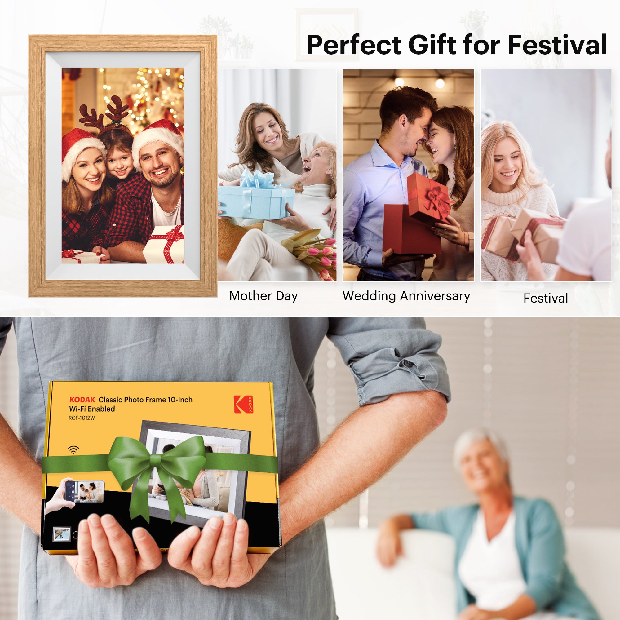 KODAK Classic Photo Frame 10.1 inch Wi-Fi Enabled RCF-1012W in Natural Wooden Frame Bundled with Two Extra Frames in Black and White 32GB Internal Memory, 10GB Cloud Storage