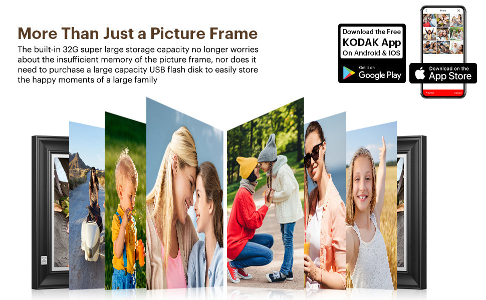 KODAK Digital Photo Frame RWF-127, Full HD 10.1 inch Touchscreen, WiFi Enabled, 32GB Internal Memory, Natural Wood with Photo, Video, Audio, Calendar & Weather Display Features (Burlywood)
