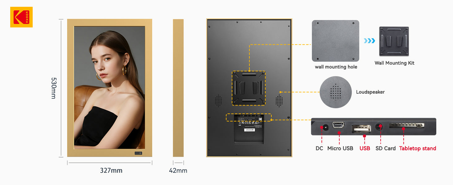 KODAK 21.5” Wi-Fi Digital Photo Frame – Metal Gold Frame (Model WF215)