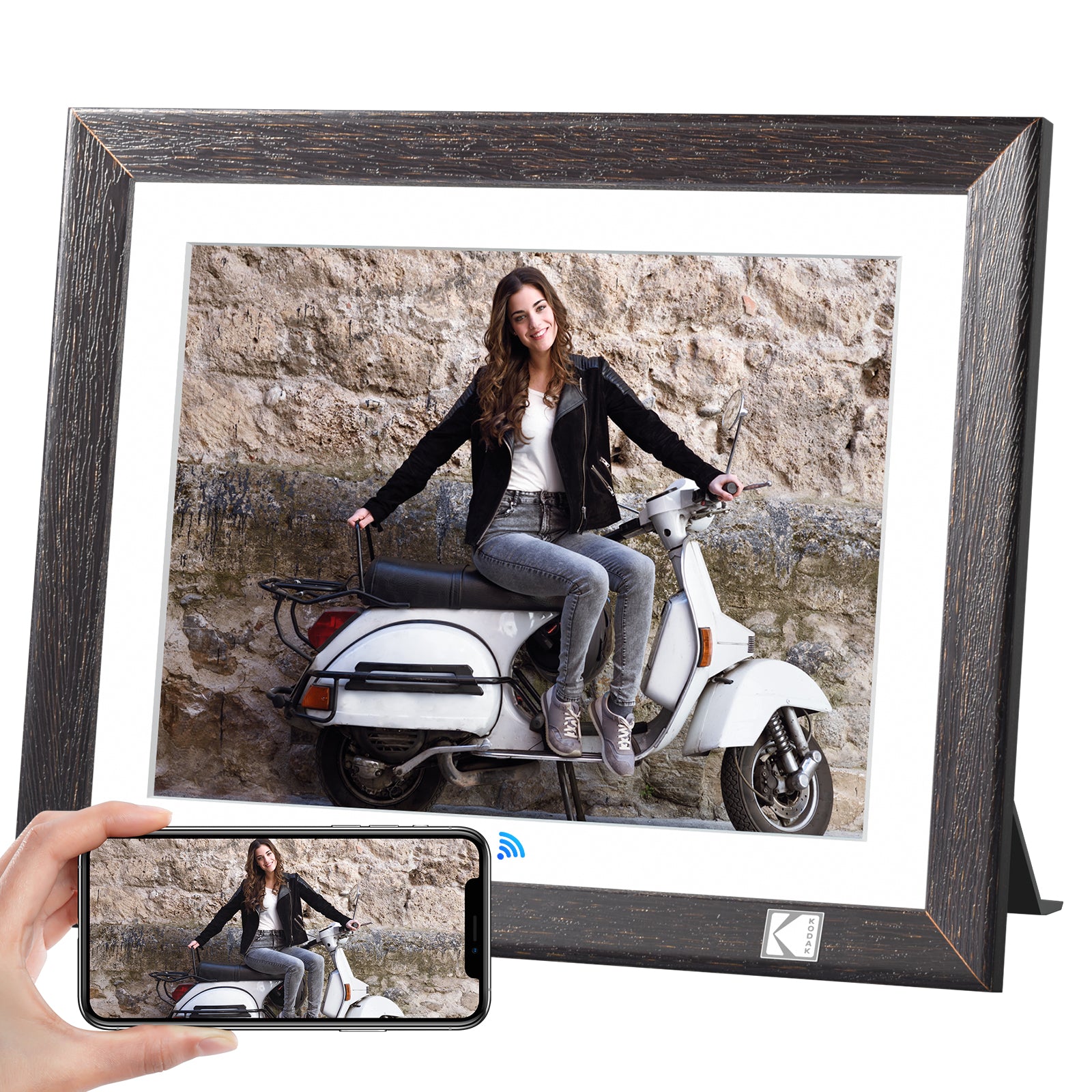 Kodak Rustic Wood WiFi-Enabled Digital Photo Frame HDPF-978, Advanced 9.7” Touchscreen with 2K Resolution, 32GB Internal Memory and Adjustable Stand