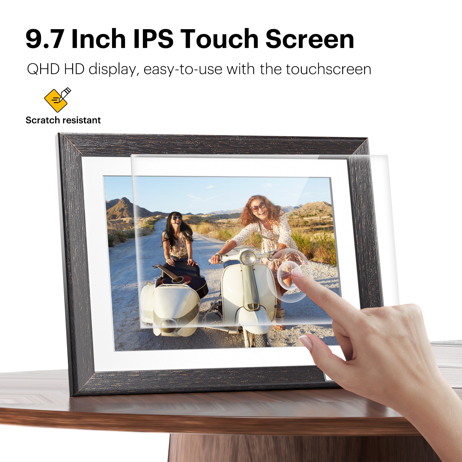 Kodak Rustic Wood WiFi-Enabled Digital Photo Frame HDPF-978, Advanced 9.7” Touchscreen with 2K Resolution, 32GB Internal Memory and Adjustable Stand
