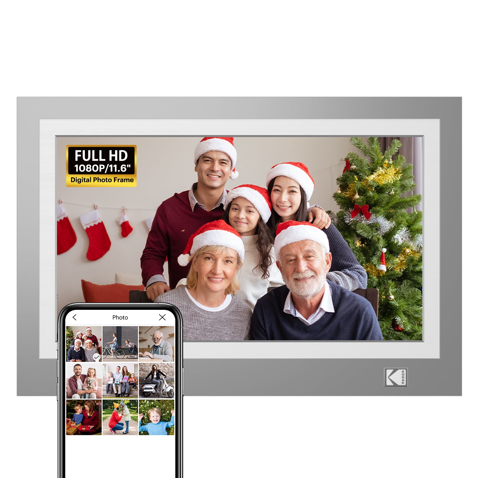 KODAK 11.6-inch Full HD Digital Photo Frame, Wi-Fi Enabled With 32GB Internal Memory, Auto Rotate, Light Sensor, Music, Video, Calendar and Weather Display RWF-116 (Grey Wood)