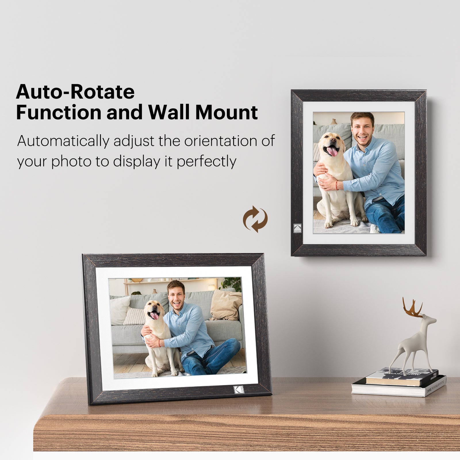 Kodak Rustic Wood WiFi-Enabled Digital Photo Frame HDPF-978, Advanced 9.7” Touchscreen with 2K Resolution, 32GB Internal Memory and Adjustable Stand