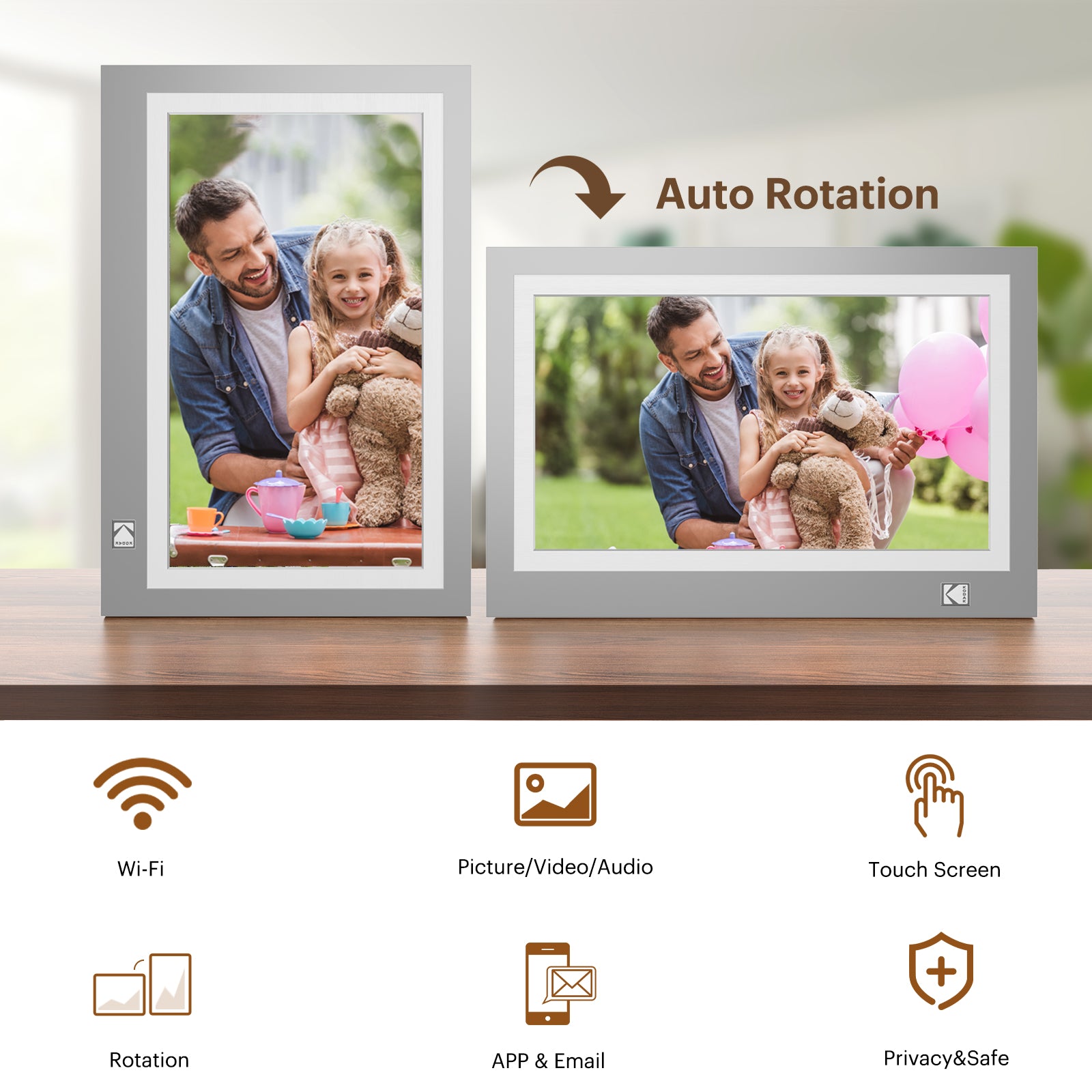 KODAK 11.6-inch Full HD Digital Photo Frame, Wi-Fi Enabled With 32GB Internal Memory, Auto Rotate, Light Sensor, Music, Video, Calendar and Weather Display RWF-116 (Grey Wood)