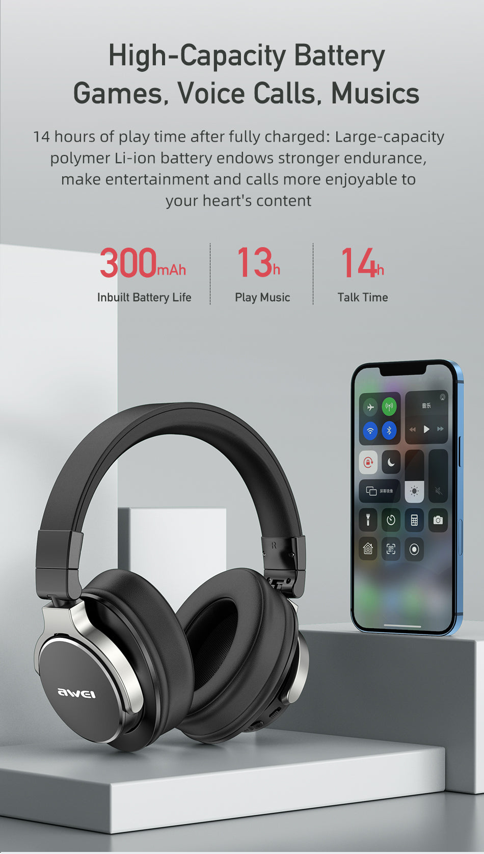 Awei A710BL Active Noise Cancelling Wireless Over-Ear Foldable Headphones