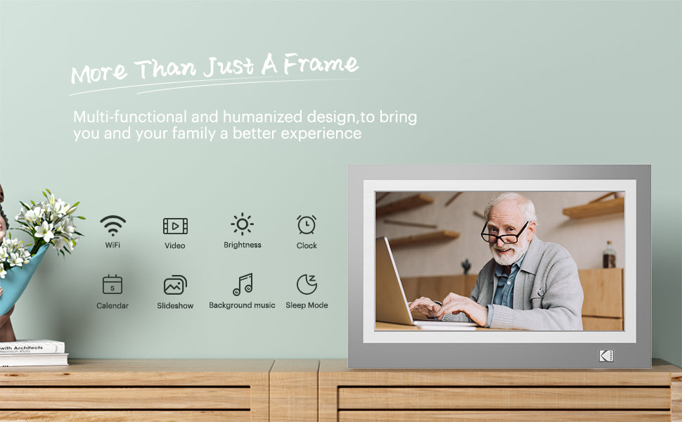 KODAK 11.6-inch Full HD Digital Photo Frame, Wi-Fi Enabled With 32GB Internal Memory, Auto Rotate, Light Sensor, Music, Video, Calendar and Weather Display RWF-116 (Grey Wood)