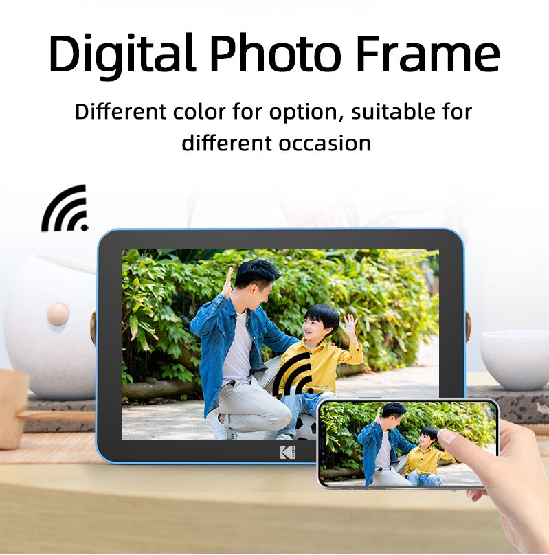front view of kodak 10 inch RWF-108 picture frame in blue with wooden legs allows to wirelessly transfer photos