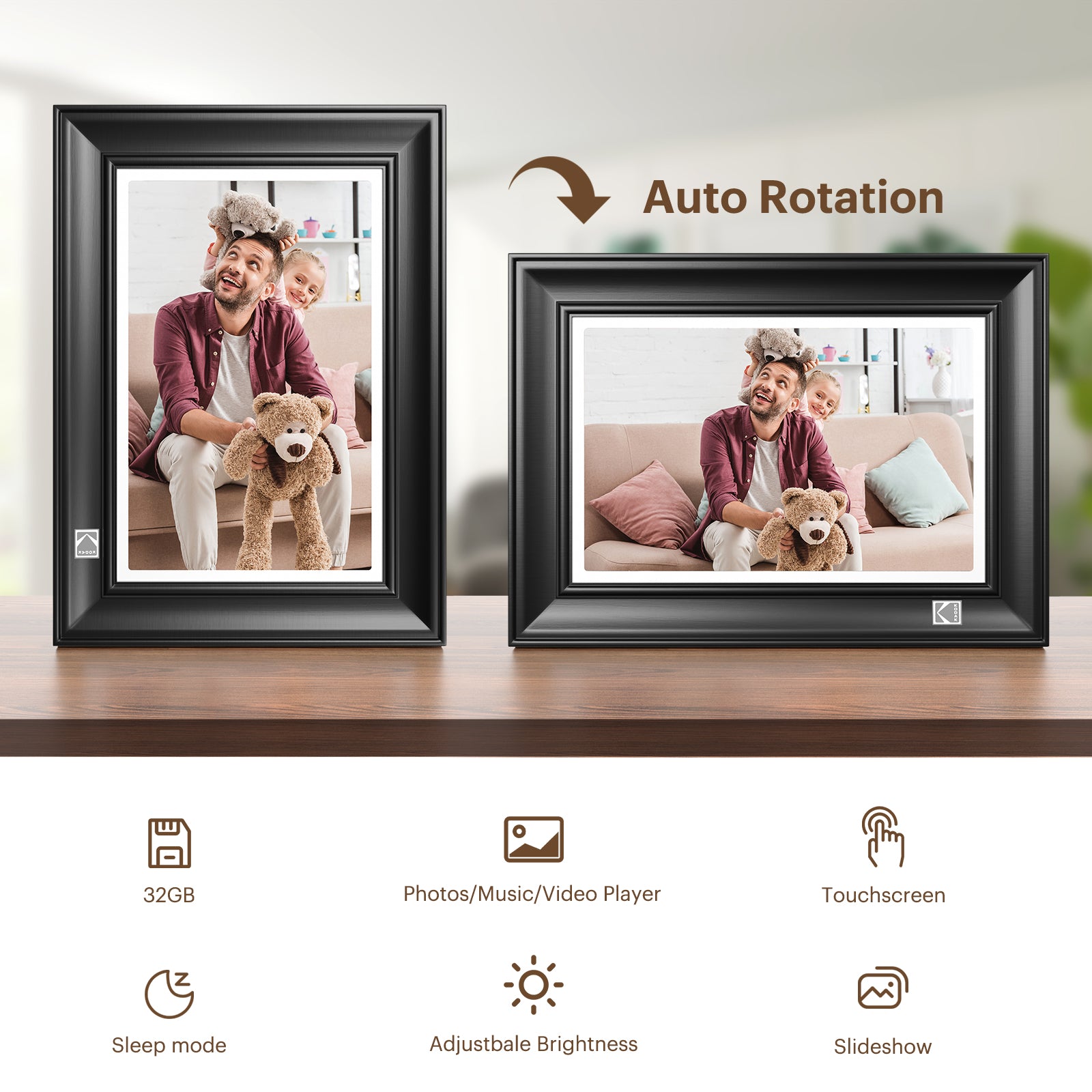 KODAK Digital Photo Frame RWF-127, Full HD 10.1 inch Touchscreen, WiFi Enabled, 32GB Internal Memory, Natural Wood with Photo, Video, Audio, Calendar & Weather Display Features