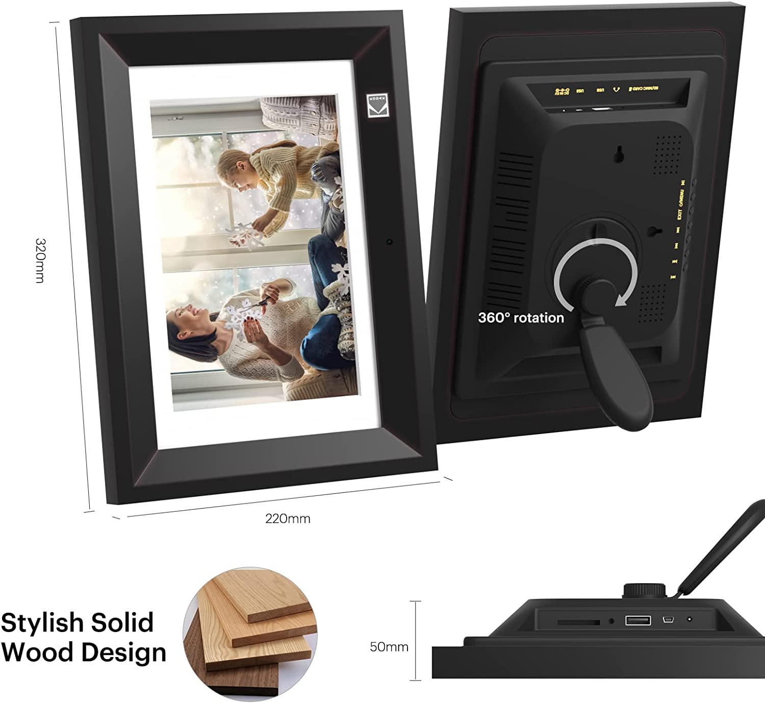 Kodak 10.1 Inch Wood Digital Picture Frame RDPF-1020V with Remote Control, IPS Screen HD Display, Auto-Rotate, Wall Mountable, Programmable Auto On/Off, Enjoy Your Precious Moment in Slideshow, Black (No Wi-Fi)