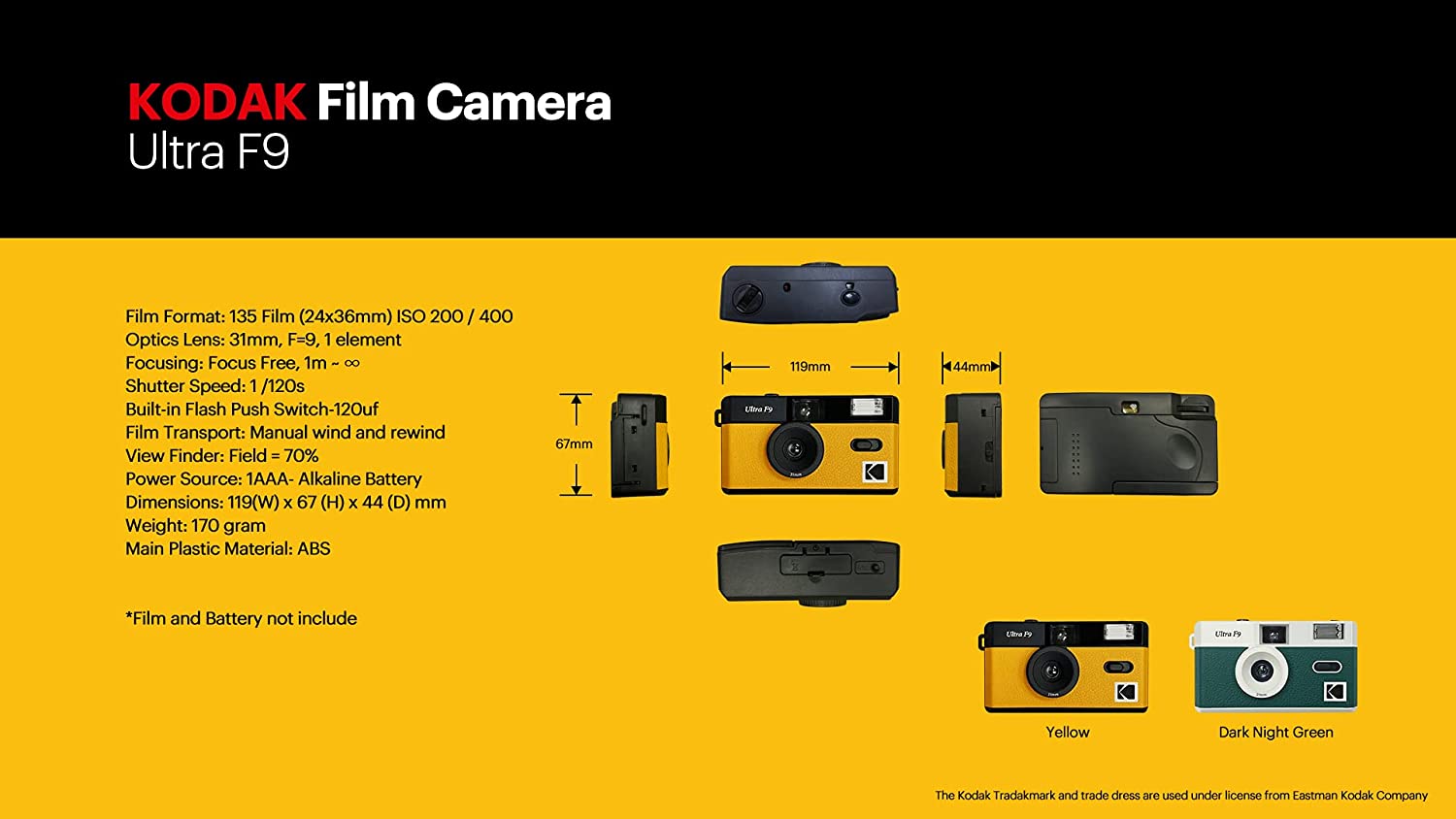 KODAK Film Camera Ultra F9 Reusable 35 mm Color Negative or Black & White Film (Film and Battery NOT Included), Yellow