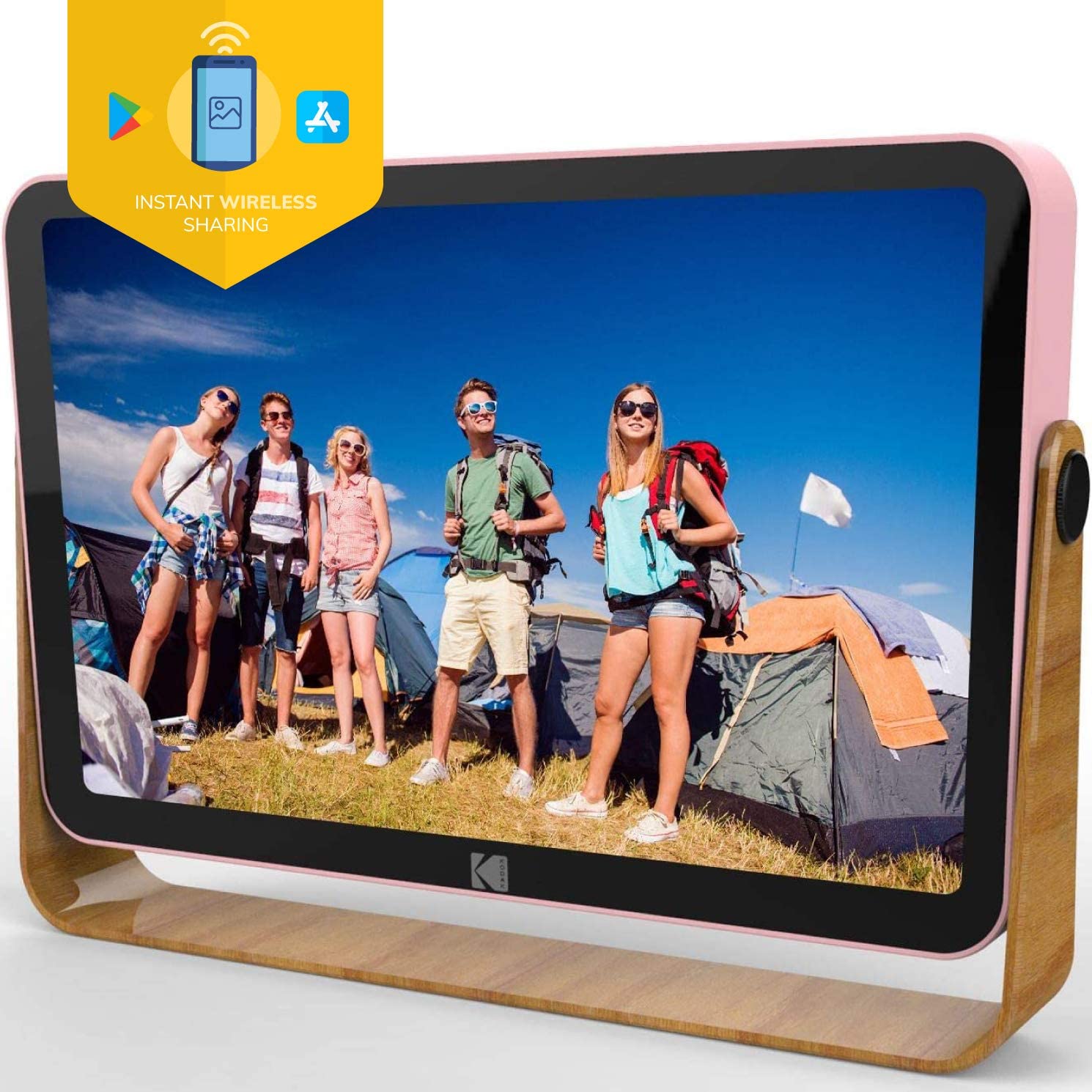 front view of kodak 10 inch RWF-108 picture frame in rose gold with wooden legs