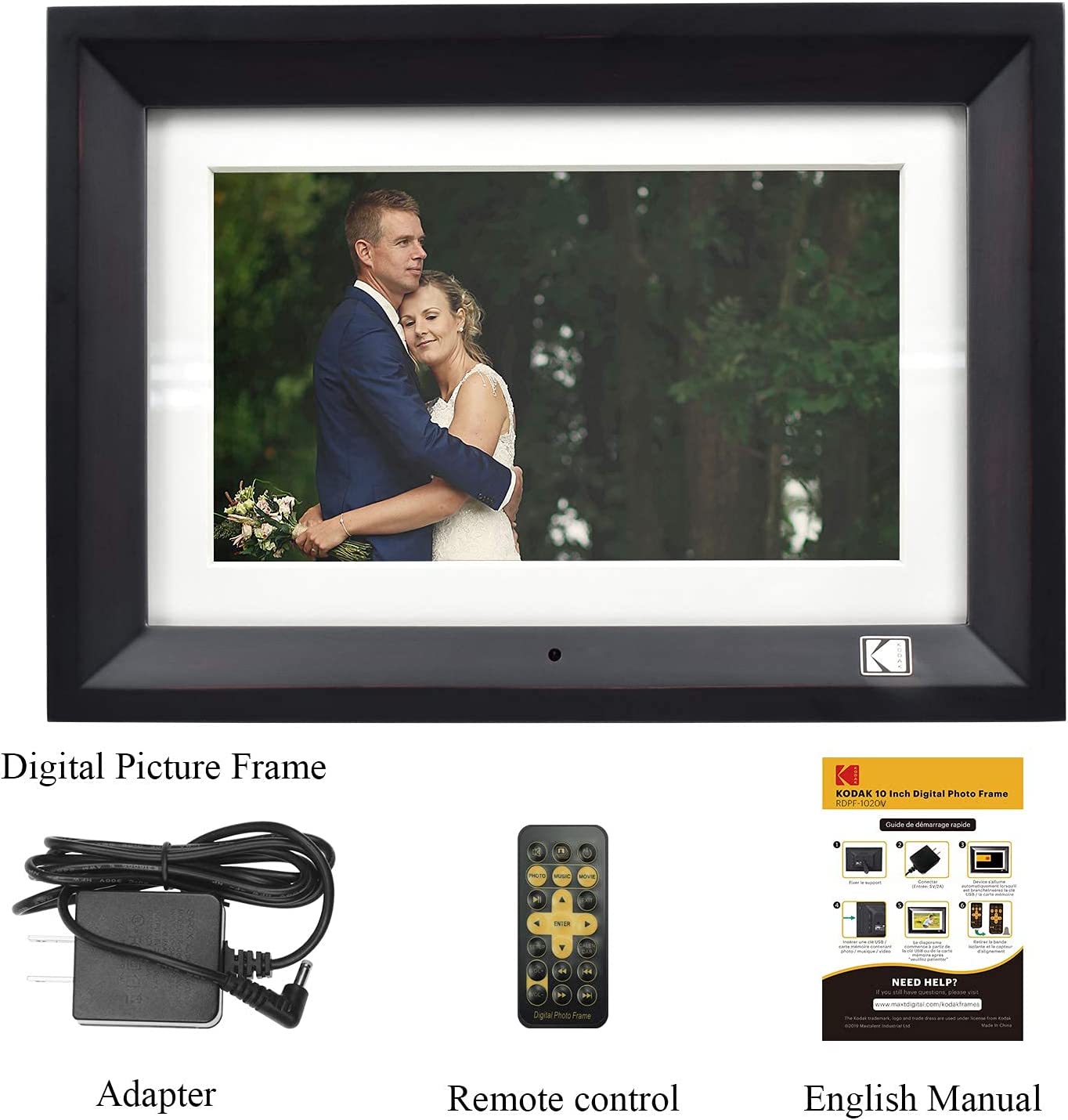 Kodak 10.1 Inch Wood Digital Picture Frame RDPF-1020V with Remote Control, IPS Screen HD Display, Auto-Rotate, Wall Mountable, Programmable Auto On/Off, Enjoy Your Precious Moment in Slideshow, Black (No Wi-Fi)