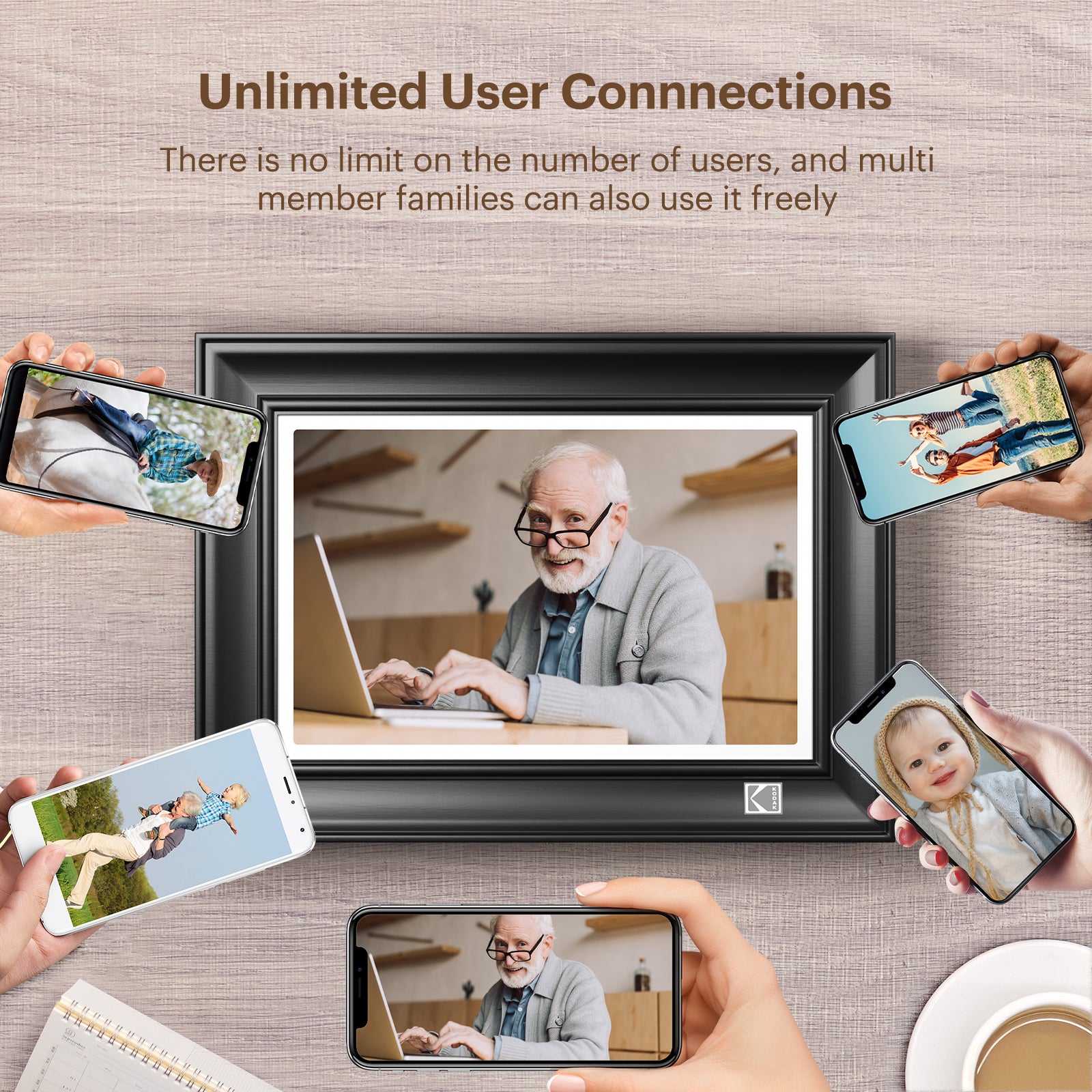 KODAK Digital Photo Frame RWF-127, Full HD 10.1 inch Touchscreen, WiFi Enabled, 32GB Internal Memory, Natural Wood with Photo, Video, Audio, Calendar & Weather Display Features