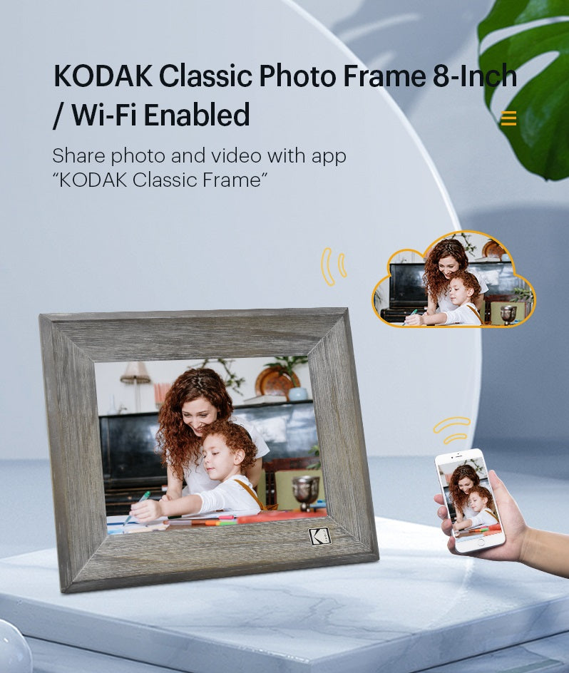Kodak 8-inch Wi-Fi Classic Digital Photo Frame RCF-8013W, Touch Screen, Wooden Frame, 16GB Internal Memory with Music, Video, Calendar and Weather Display Features