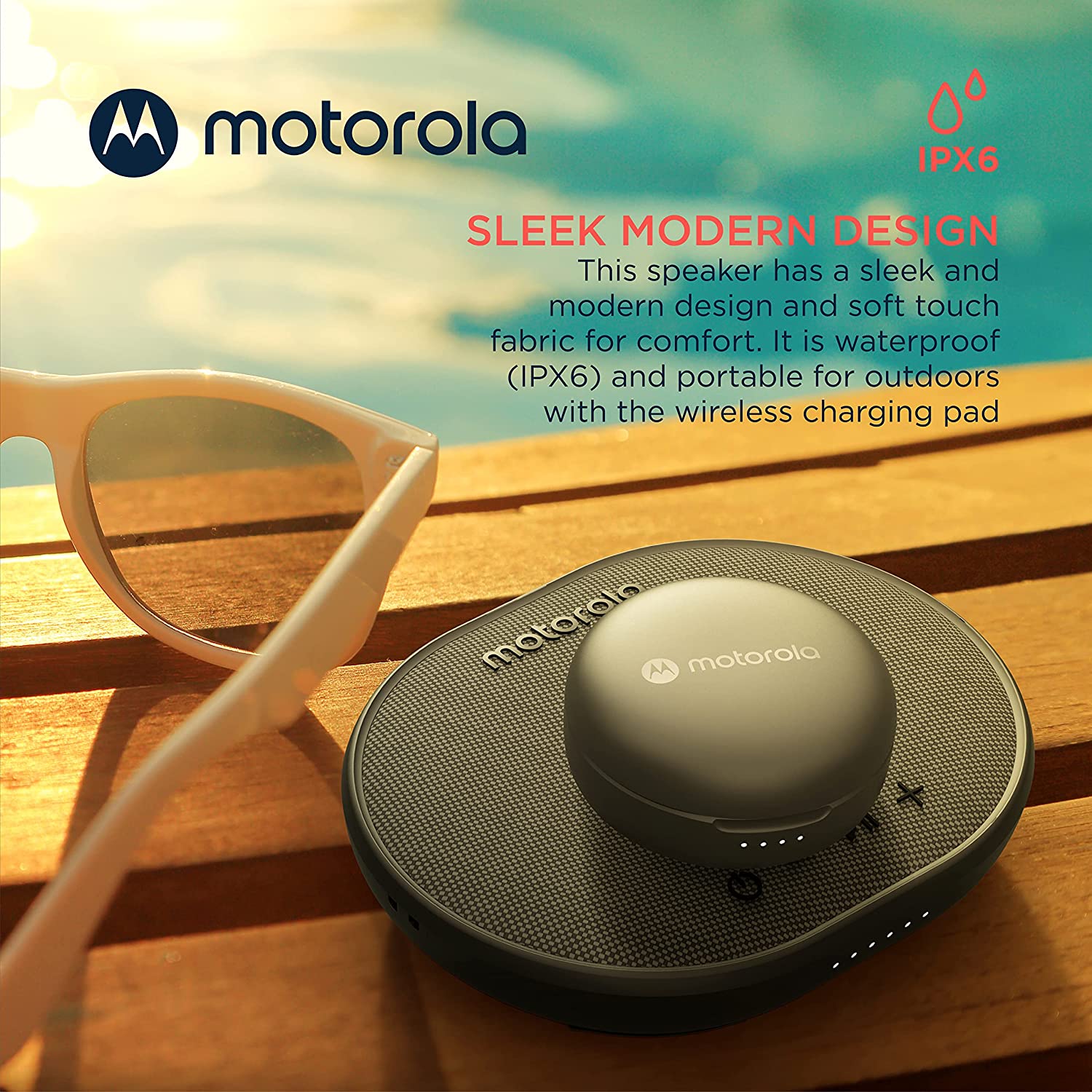 Motorola ROKR 500 Bluetooth Speaker with Integrated Wireless Charging Pad, Portable Speaker with Microphone for Handsfree Calls IPX6 Water Resistant