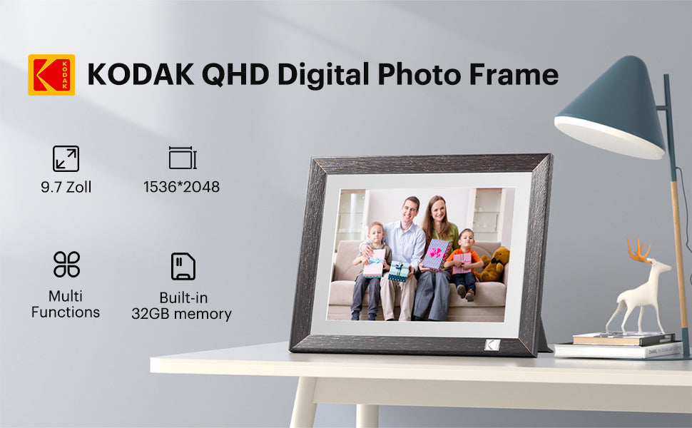 Kodak Rustic Wood WiFi-Enabled Digital Photo Frame HDPF-978, Advanced 9.7” Touchscreen with 2K Resolution, 32GB Internal Memory and Adjustable Stand