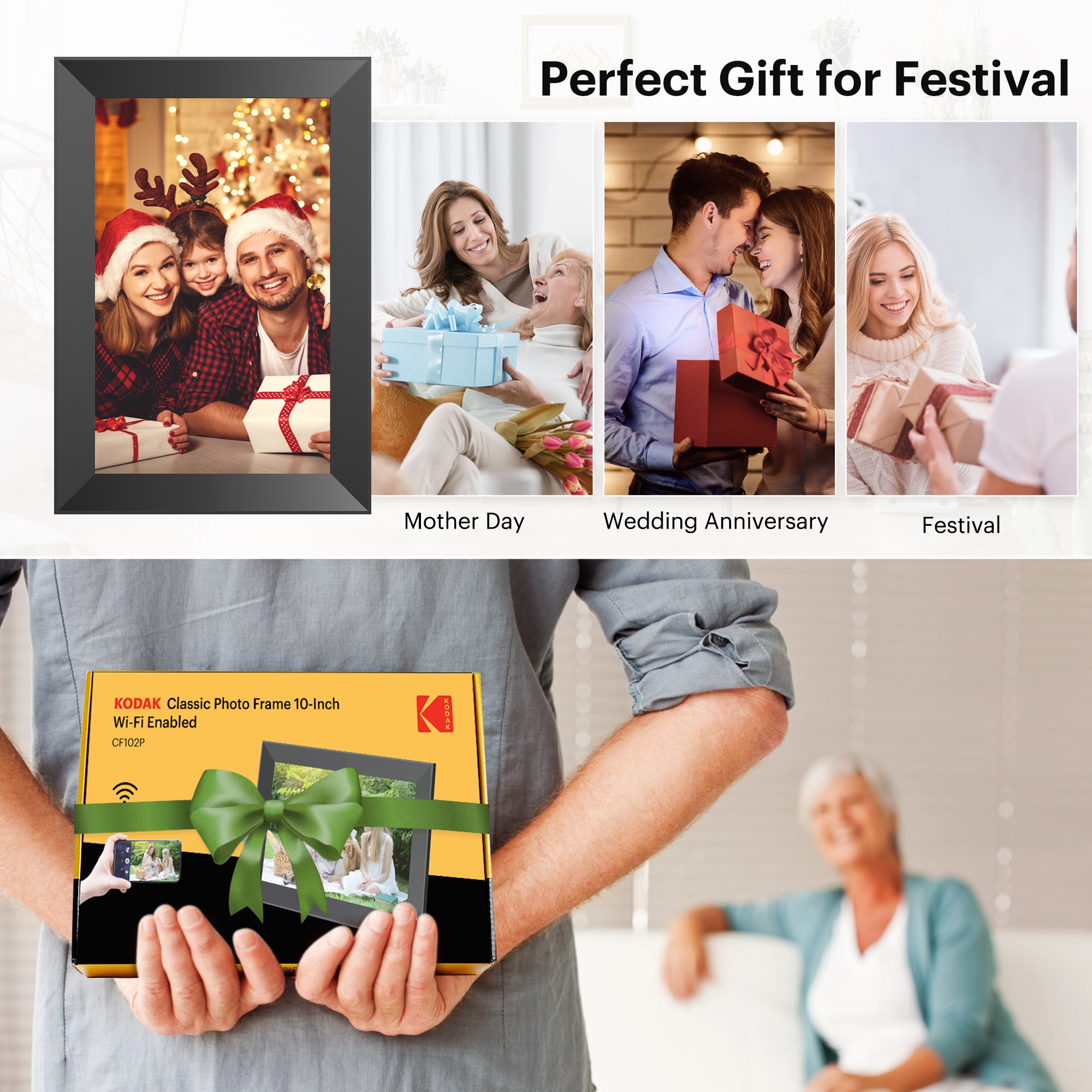 KODAK 10.1-inch Classic Digital Photo Frame CF102P, Wi-Fi Enabled, HD Touch-Screen Display with Automatic Rotation, Music, Video, Weather and Calendar