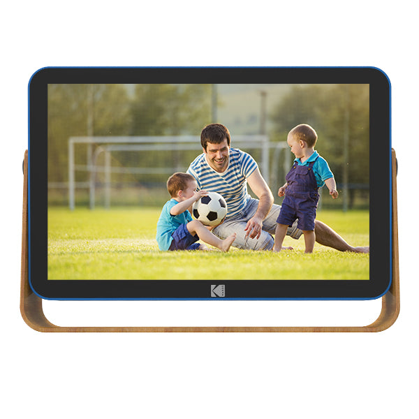 front view of kodak 10 inch RWF-108 picture frame in blue with wooden legs