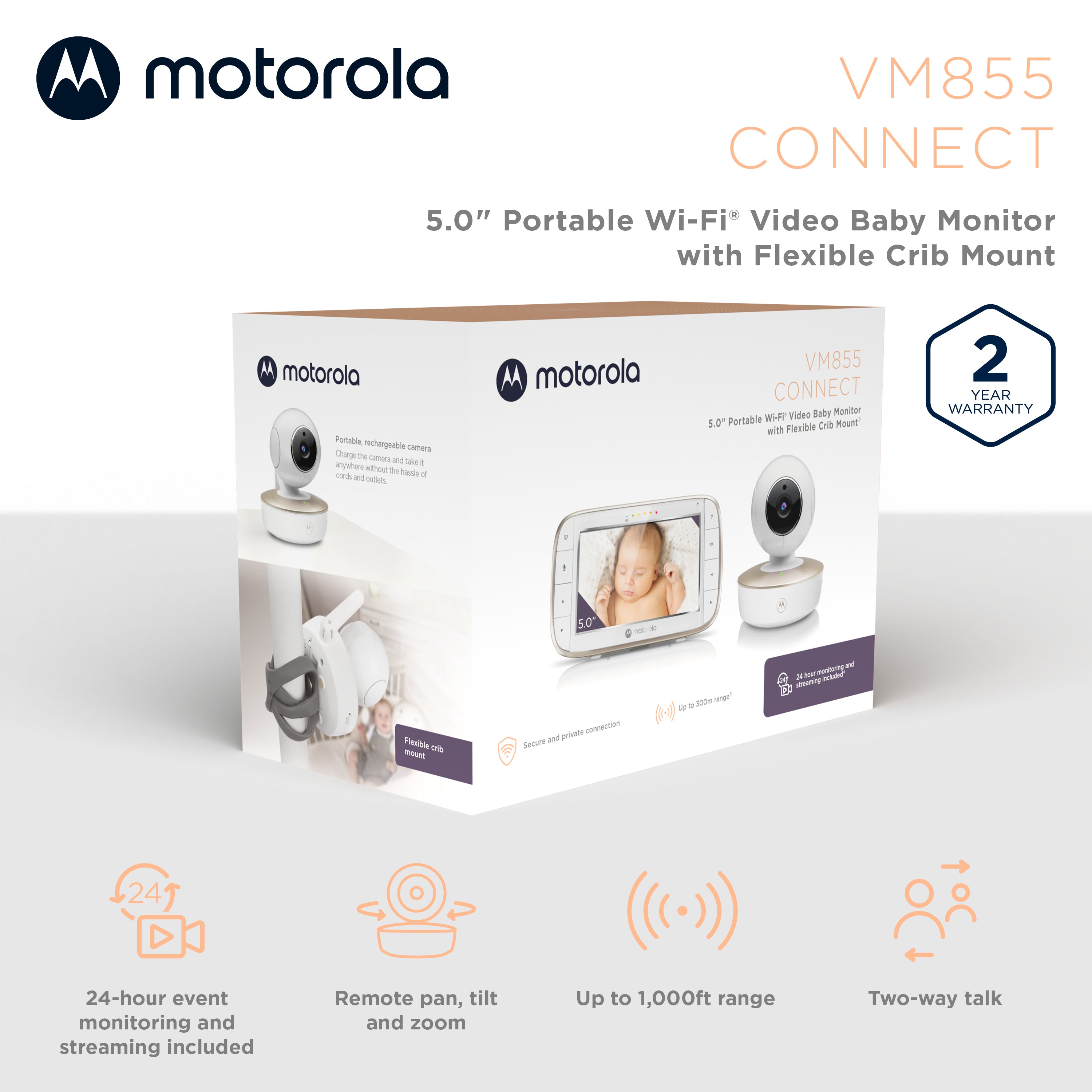 Motorola VM855 CONNECT, Secure 5" Portable Wi-Fi Video/Audio Baby Monitor With Crib Mount