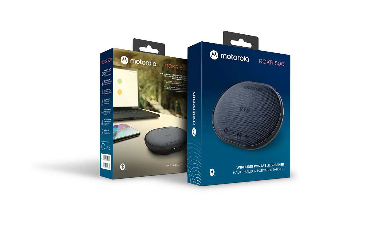 Motorola ROKR 500 Bluetooth Speaker with Integrated Wireless Charging Pad, Portable Speaker with Microphone for Handsfree Calls IPX6 Water Resistant