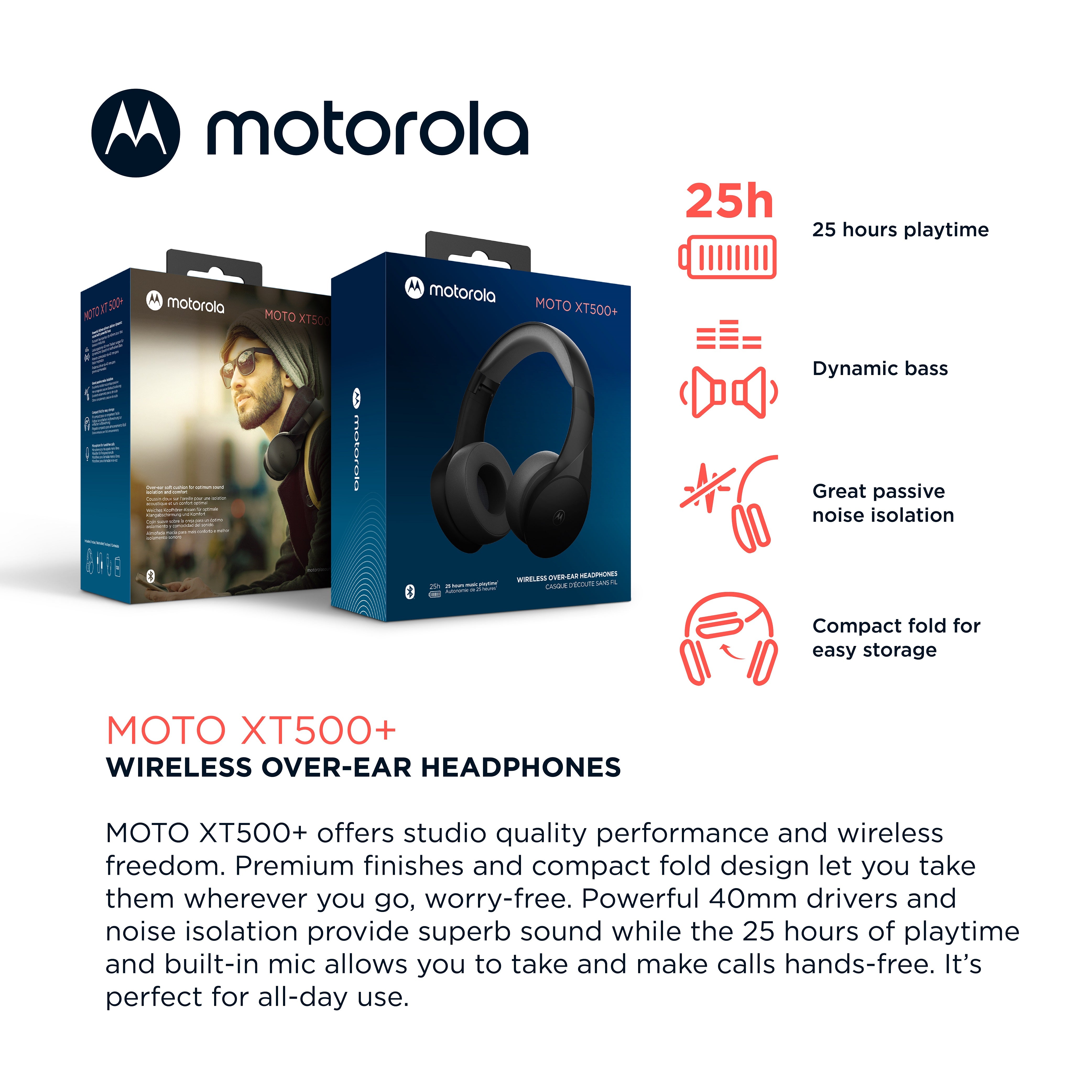 Motorola MOTO XT500+, Stylish Wireless Over-Ear Headphones with Passive Noise Isolation and Powerful Bass